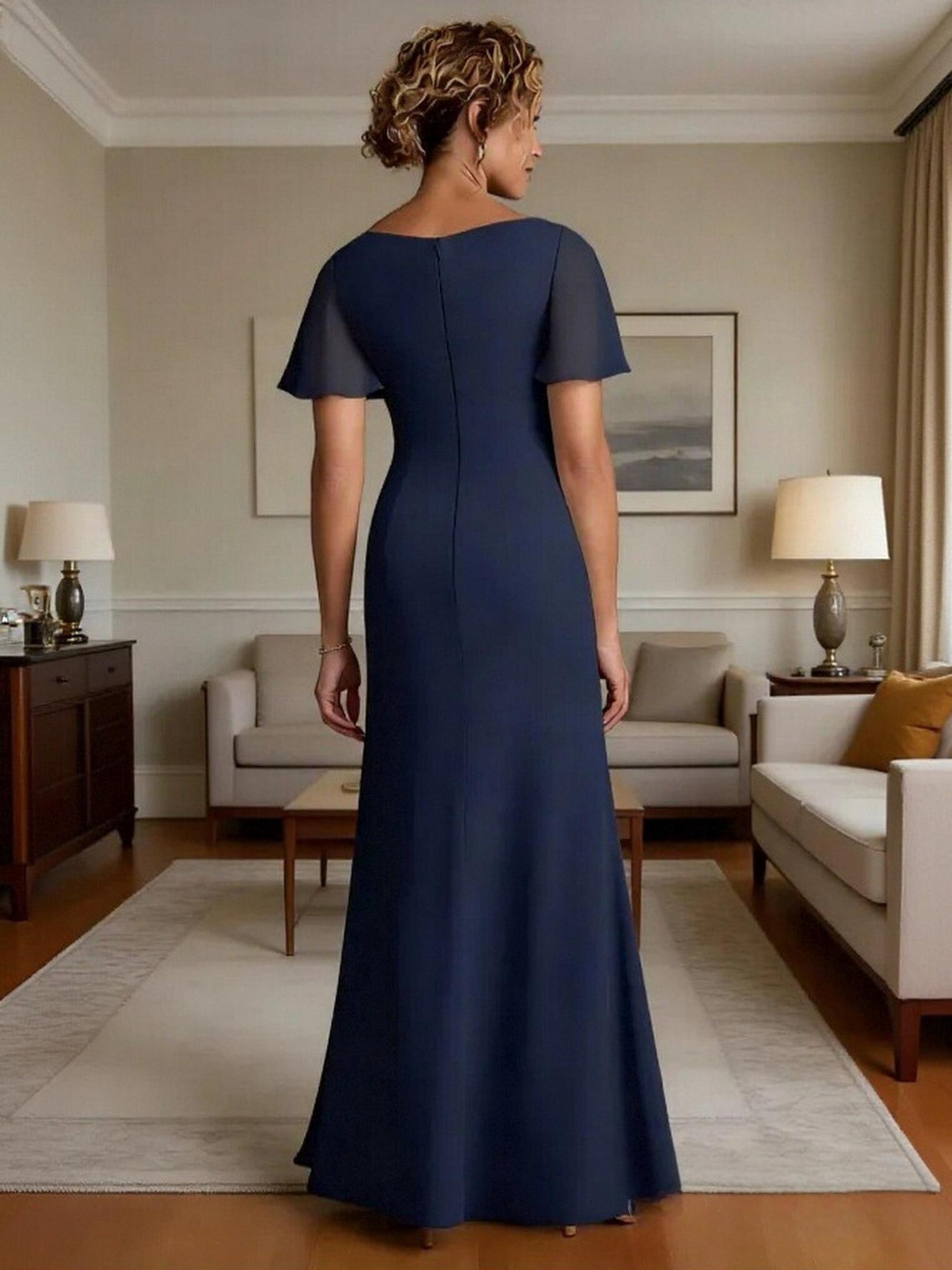 Short Sleeves Beaded Chiffon Mother of the Bride Dresses