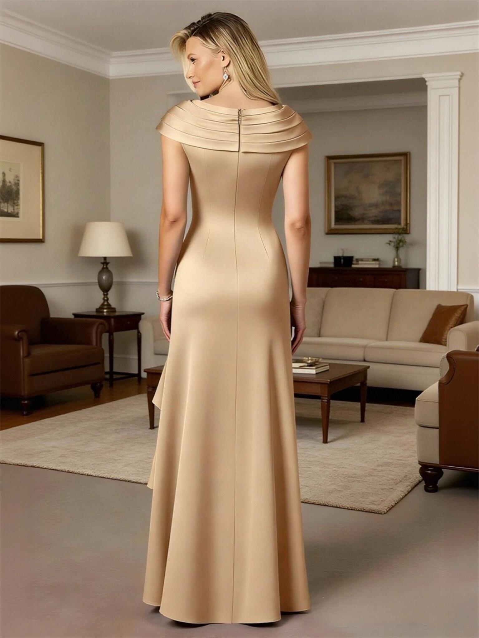 V Neck Pleated Satin Mother of the Bride Dresses with Slit