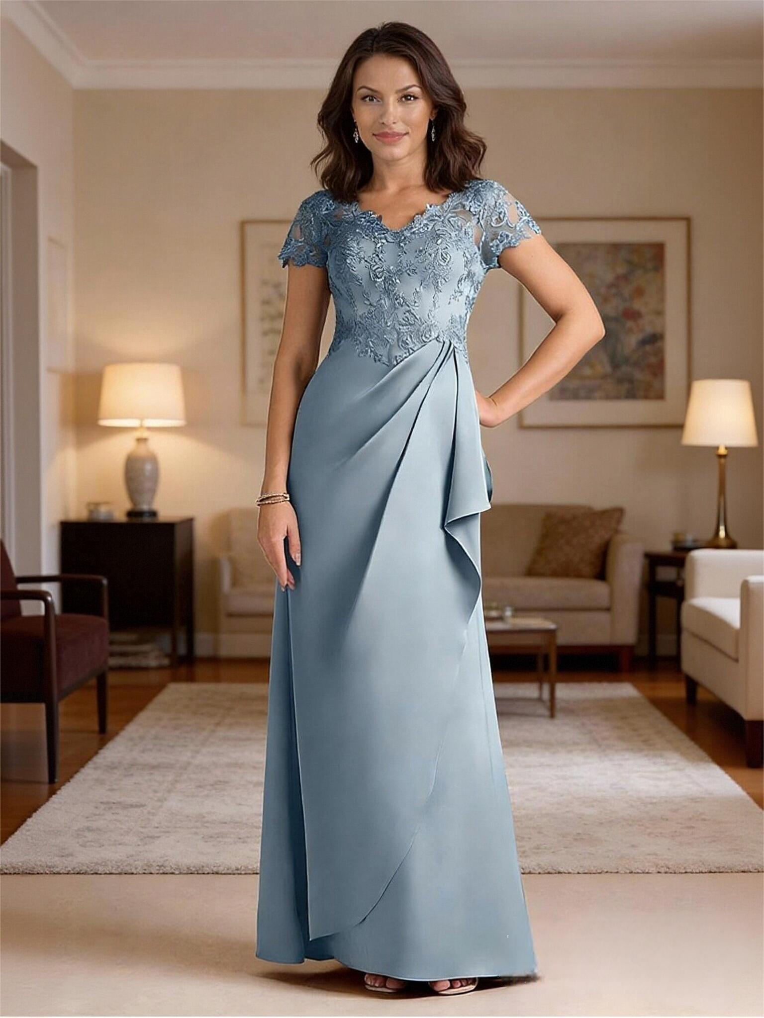 V Neck A Line Appliques Satin Mother of the Bride Dresses