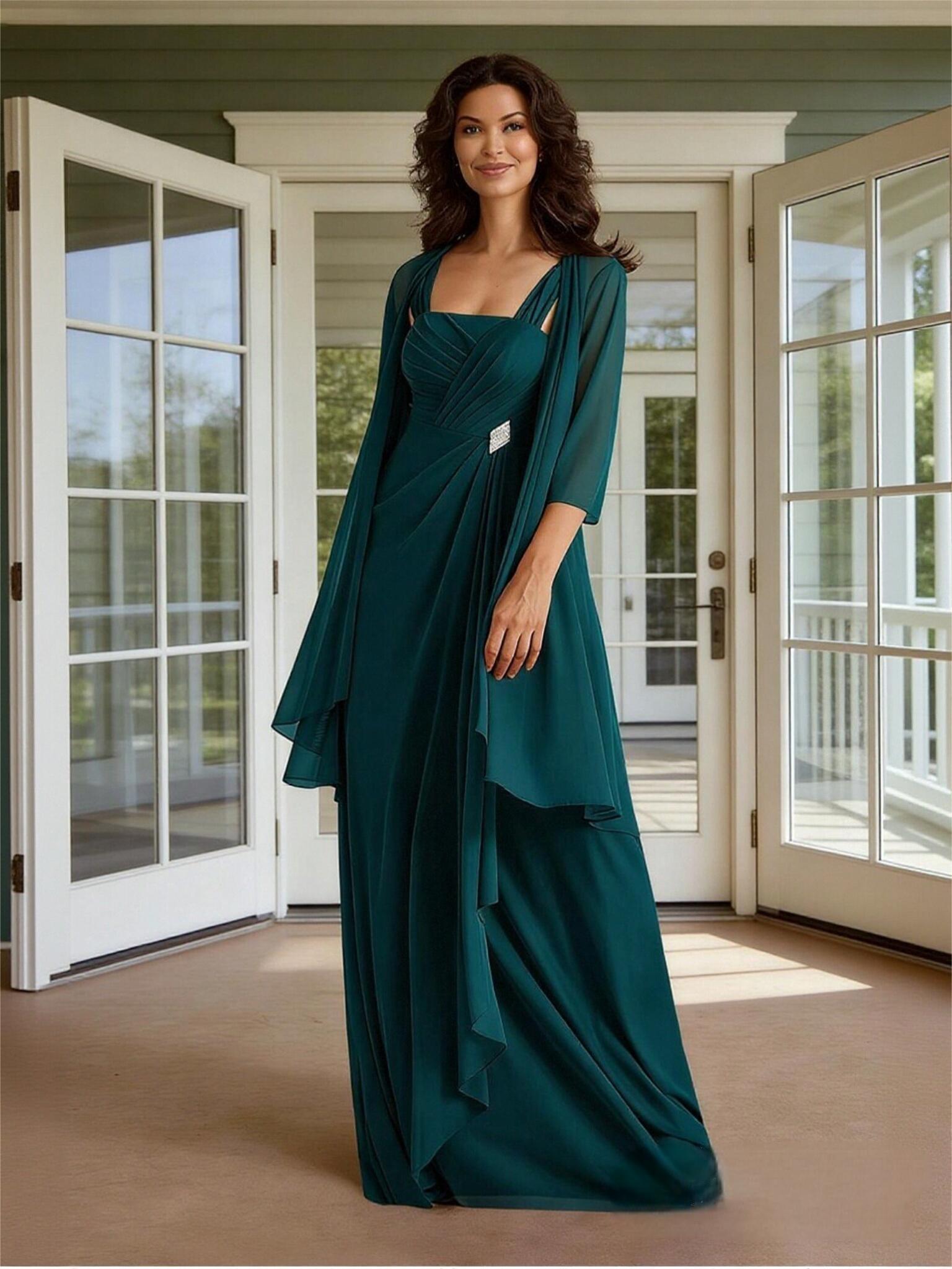 2 Pieces Pleated A Line Chiffon Mother of the Bride Dresses