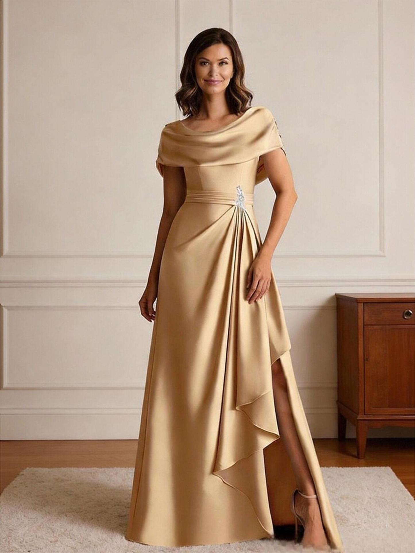 Cape Sleeves Pleated Satin Mother of the Bride Dresses