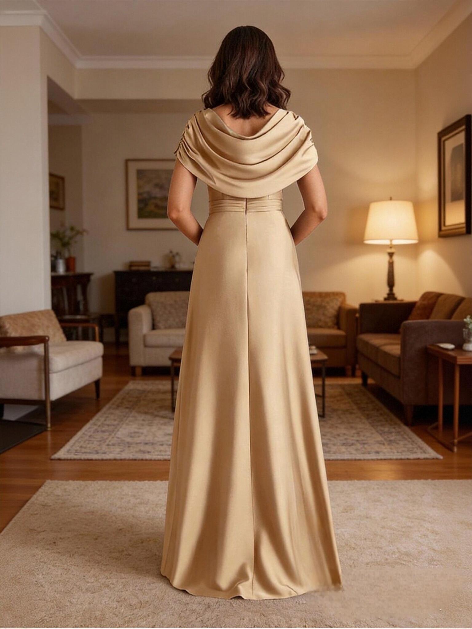 Cape Sleeves Pleated Satin Mother of the Bride Dresses