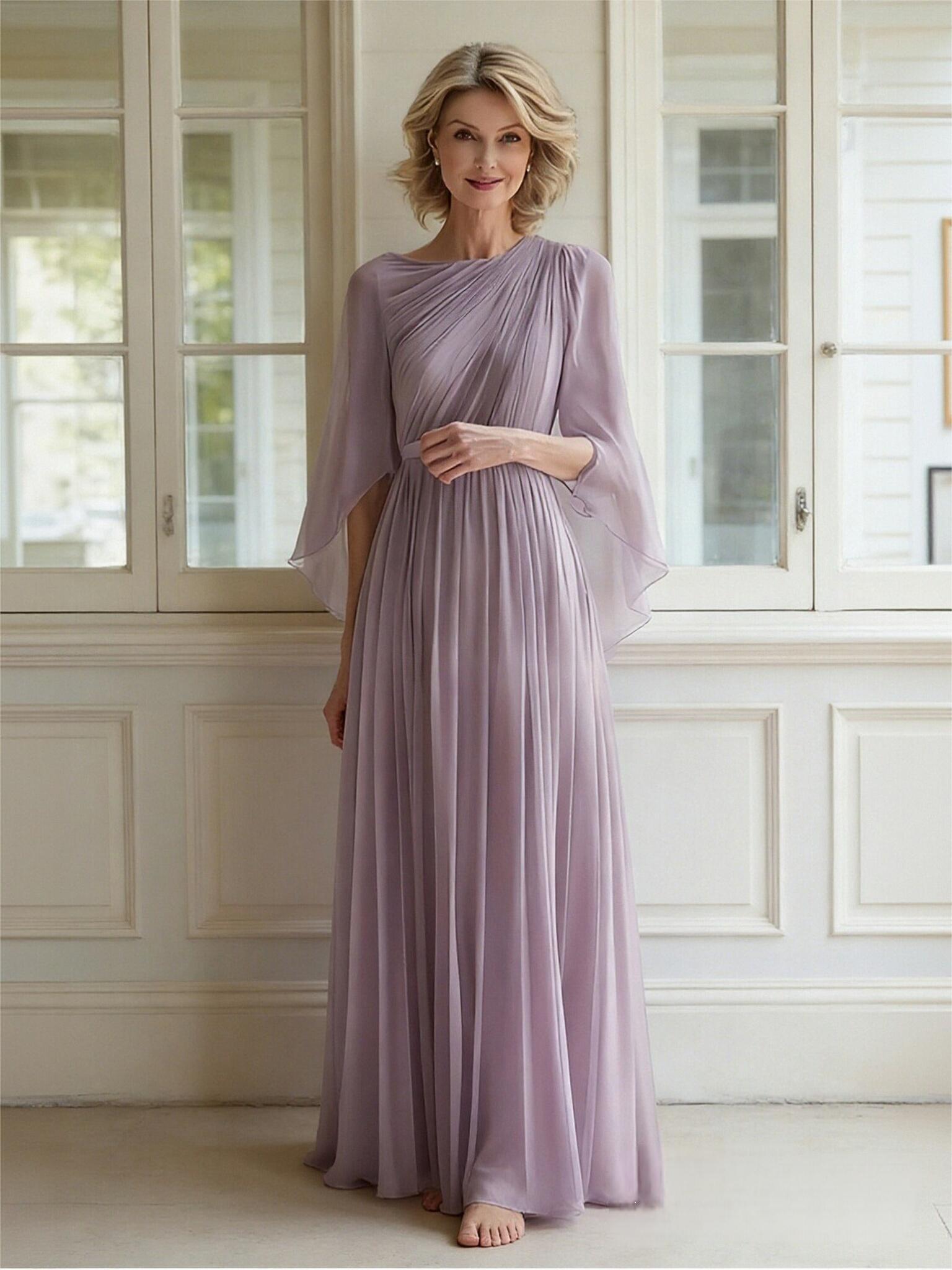 3/4 Sleeves Pleated Chiffon Mother of the Bride Dresses