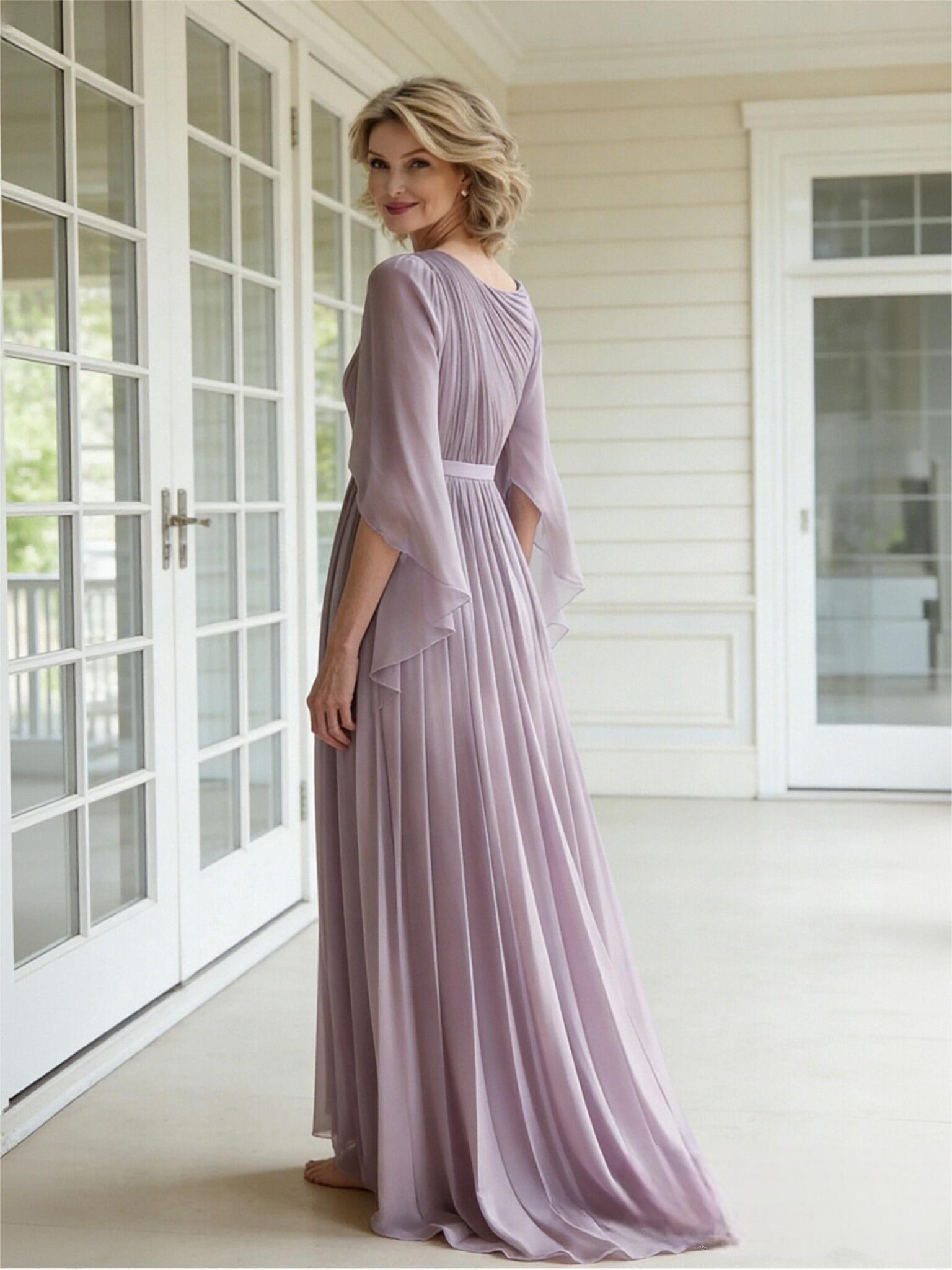3/4 Sleeves Pleated Chiffon Mother of the Bride Dresses