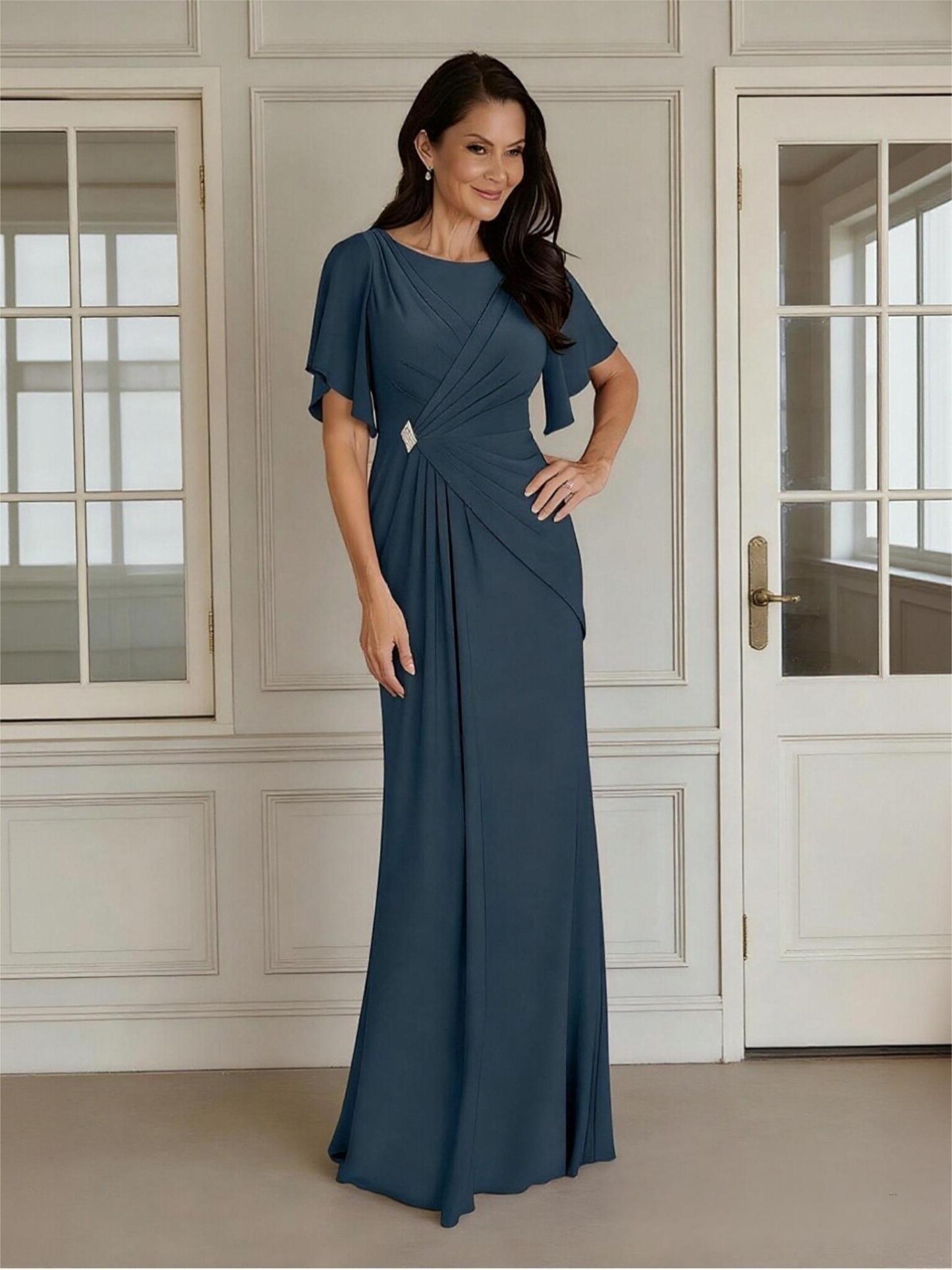 Short Sleeves Pleated Chiffon Mother of the Bride Dresses