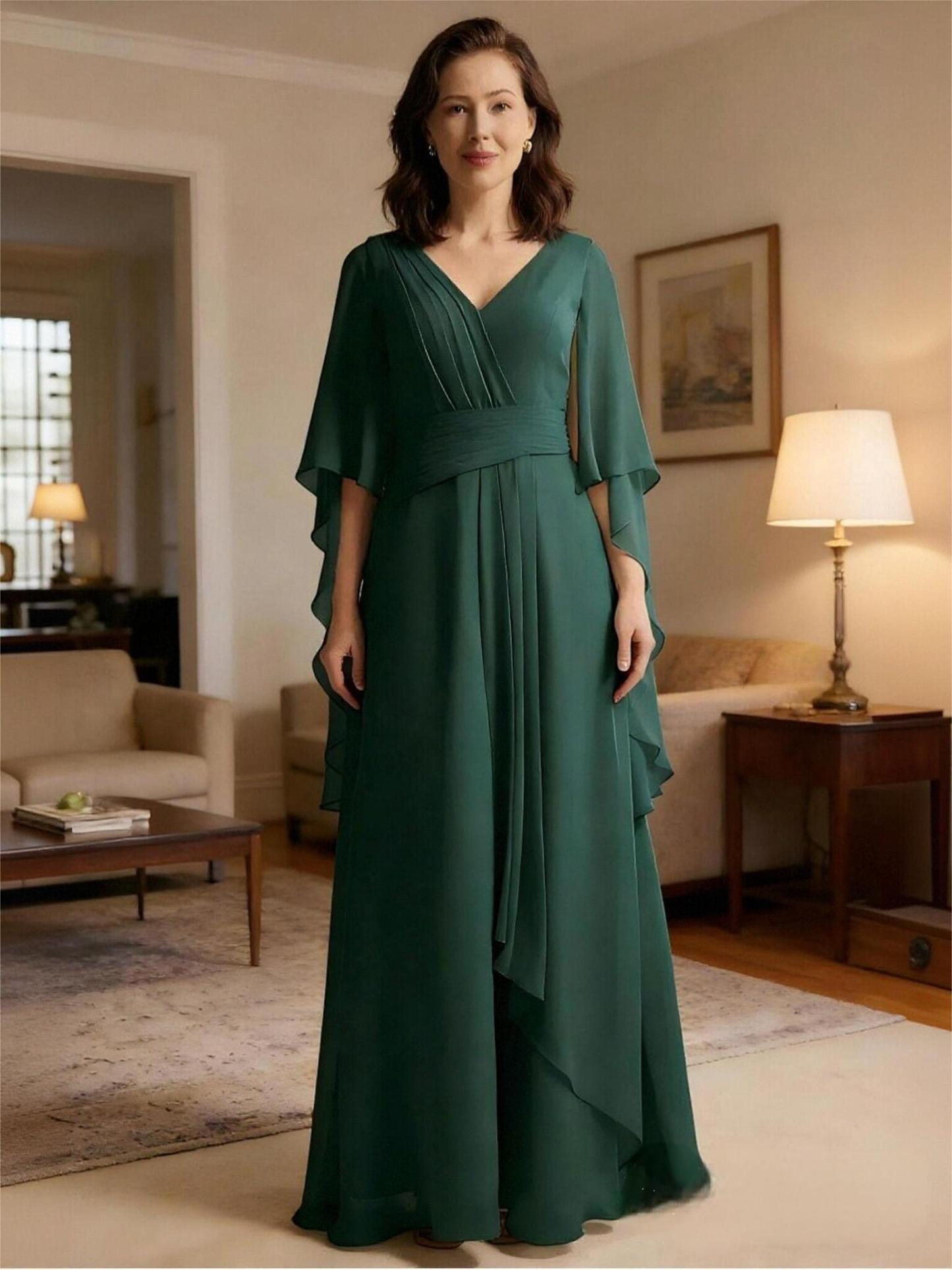 Cape Sleeves Chiffon Mother of the Bride Dresses