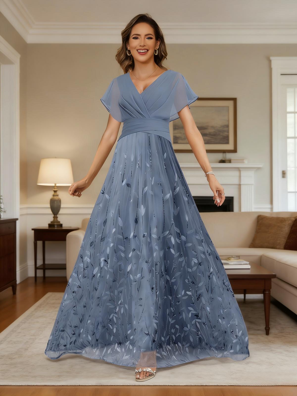 V Neck Short Sleeves Chiffon Mother of the Bride Dresses