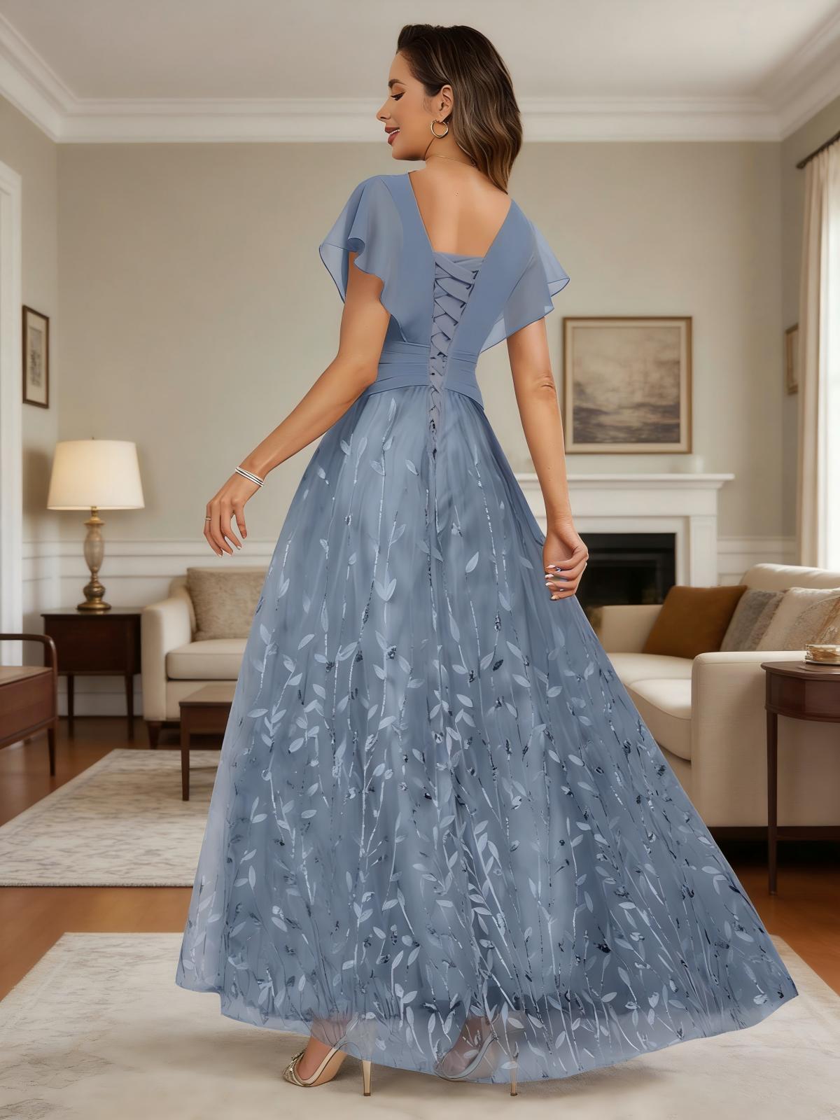 V Neck Short Sleeves Chiffon Mother of the Bride Dresses