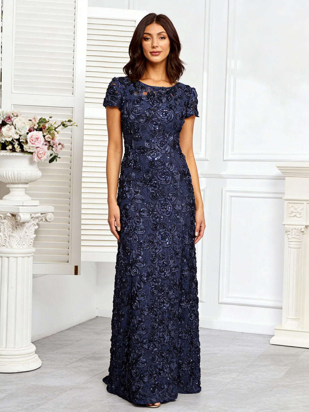 Scoop Neck Short Sleeves Appliques Mother of the Bride Dresses