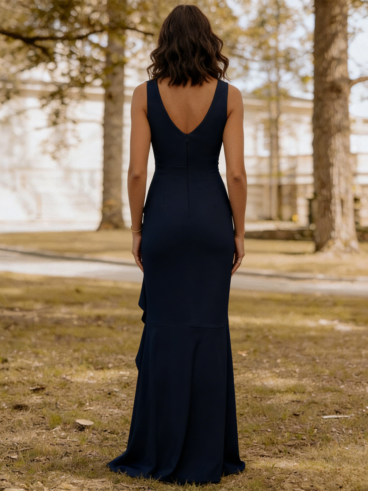 V Neck Sleeveless Ruffles Slit Mother of the Bride Dresses