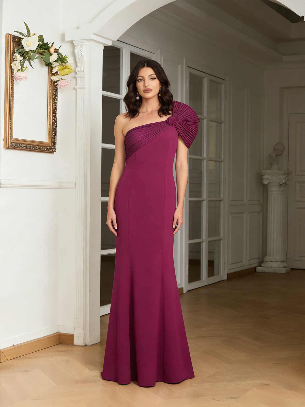 One Shoulder Pleated Long Satin Mother of the Bride Dresses