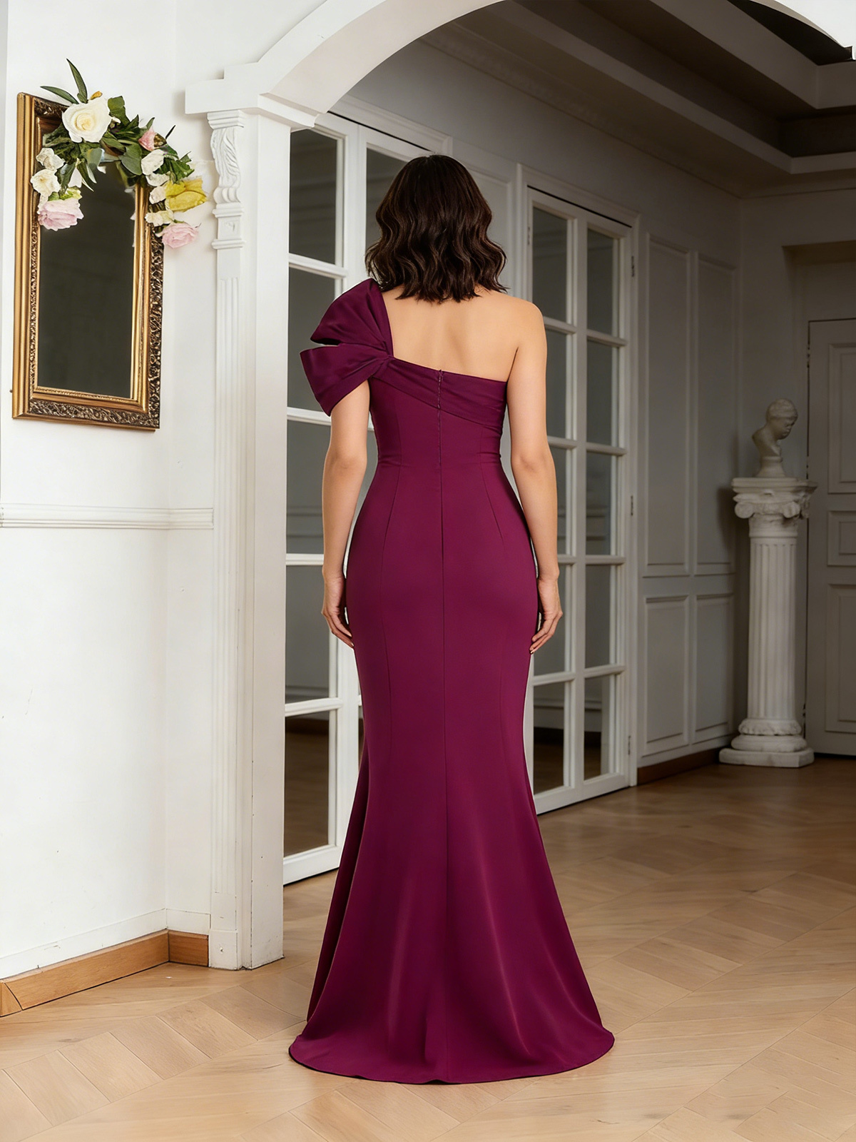 One Shoulder Pleated Long Satin Mother of the Bride Dresses