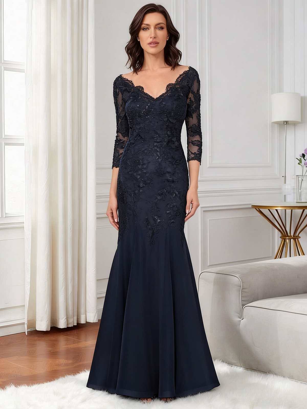 V Neck Appliques Long Mermaid Mother of the Bride Dresses