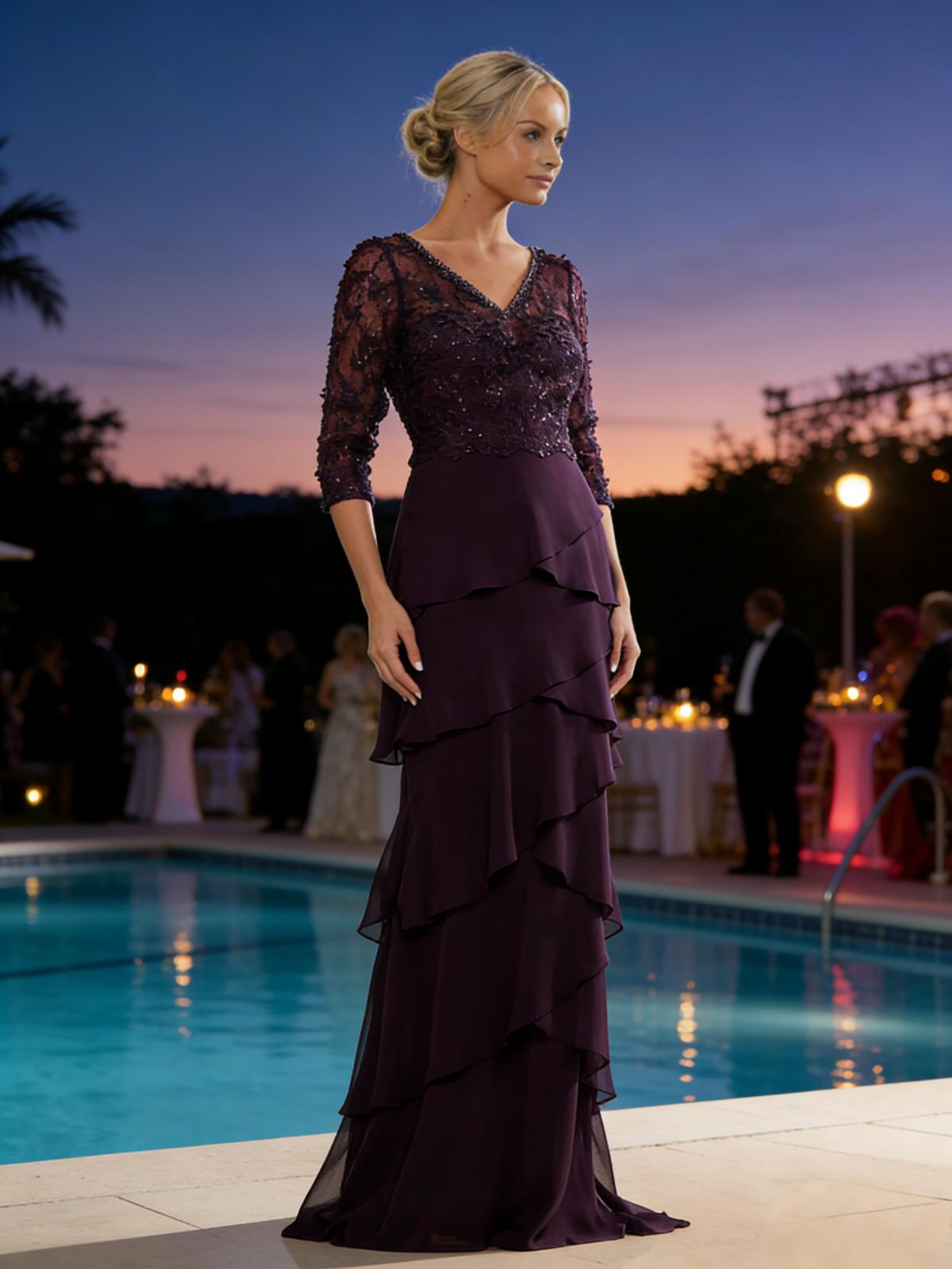 V Neck Appliques Lace Chiffon Mother of the Bride Dresses