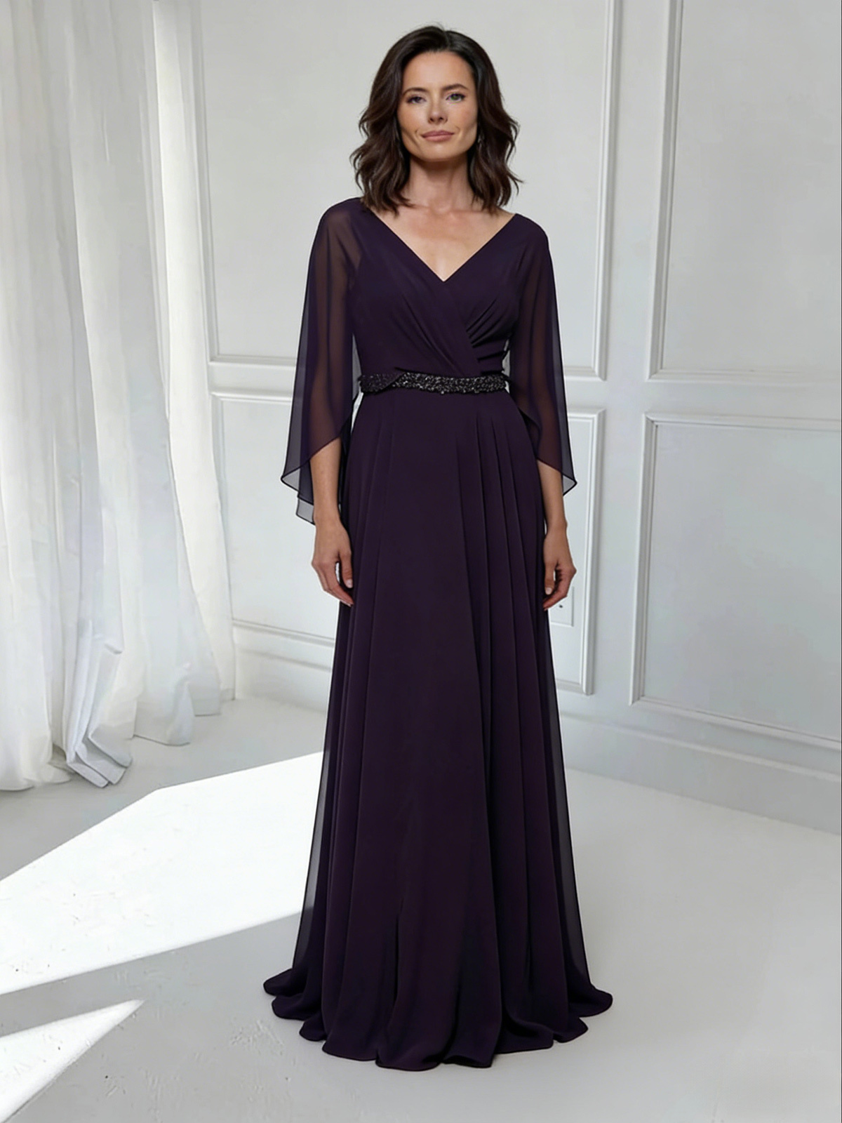V Neck Pleated A Line Chiffon Mother of the Bride Dresses