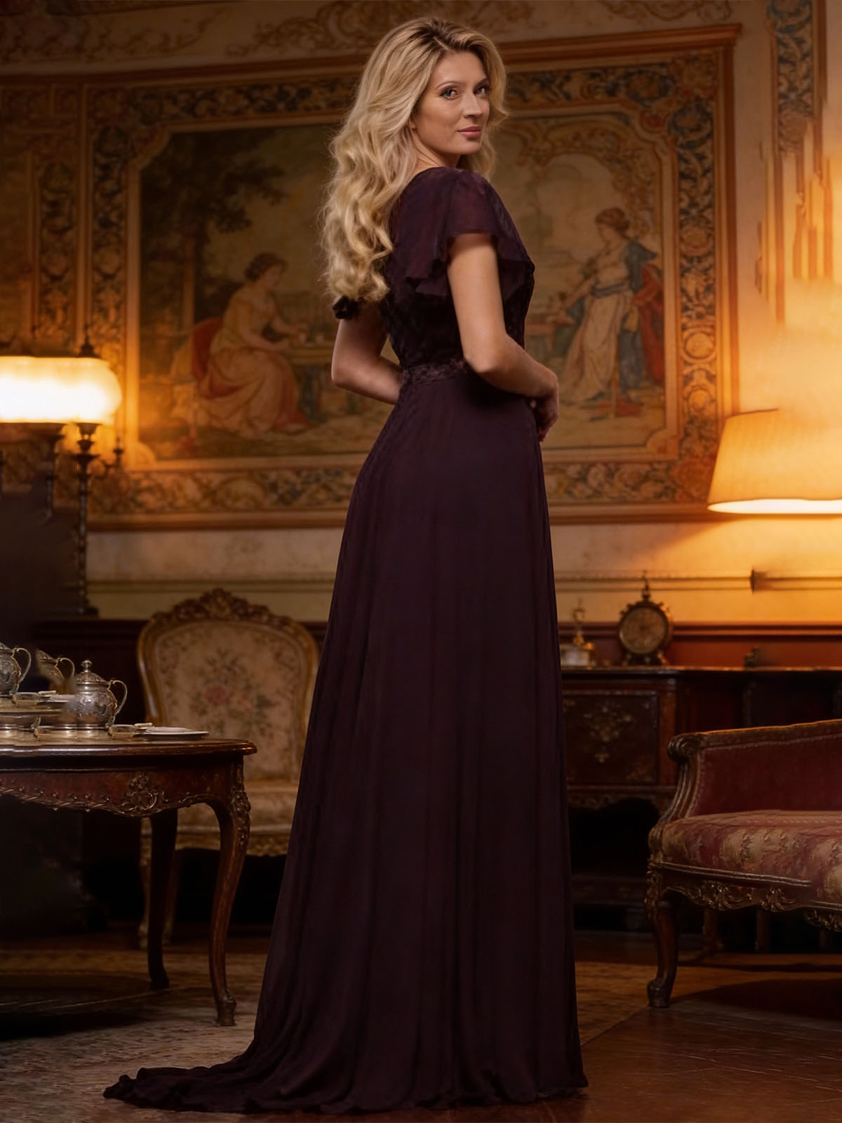 V Neck Short Sleeves Chiffon Mother of the Bride Dresses