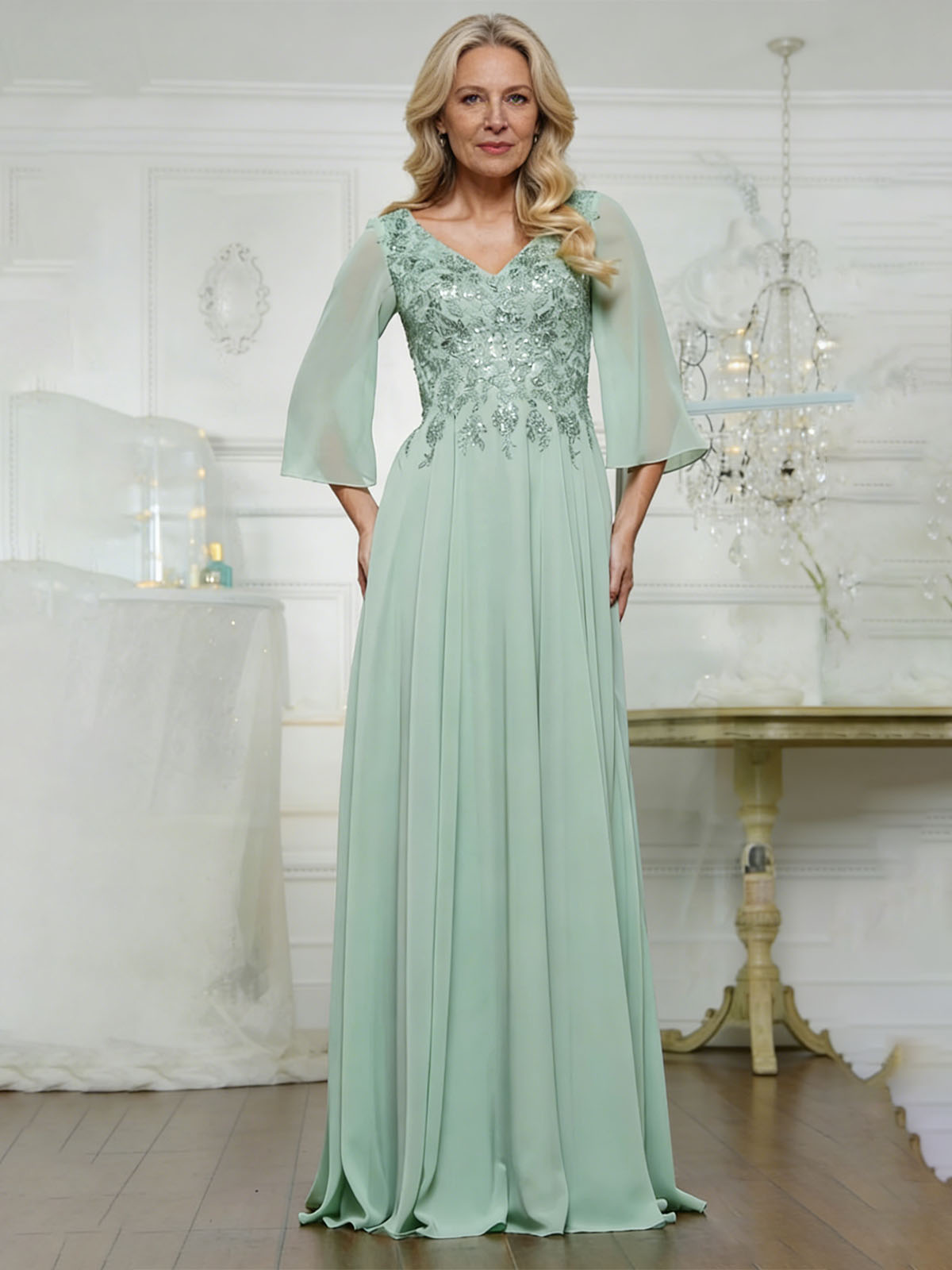 V Neck Appliques Chiffon Mother of the Bride Dresses