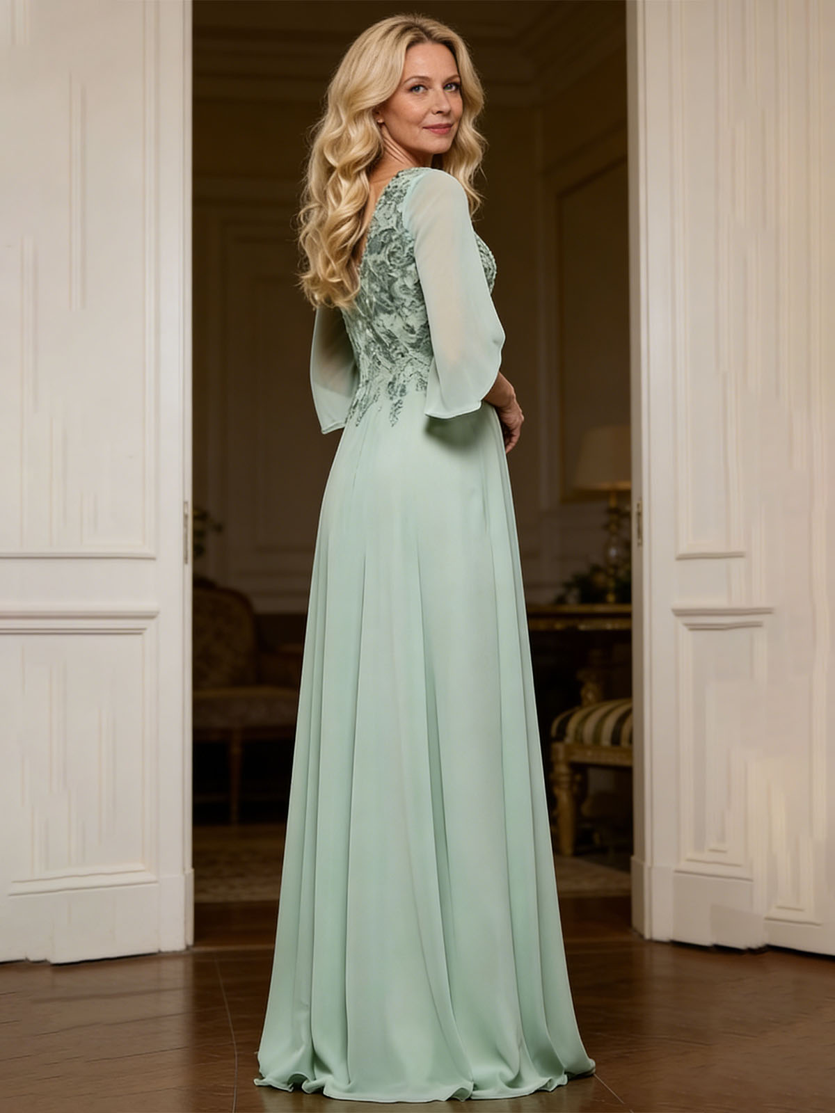V Neck Appliques Chiffon Mother of the Bride Dresses
