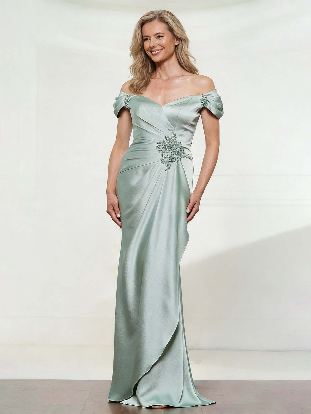 Off Shoulder Appliques Satin Mother of the Bride Dresses