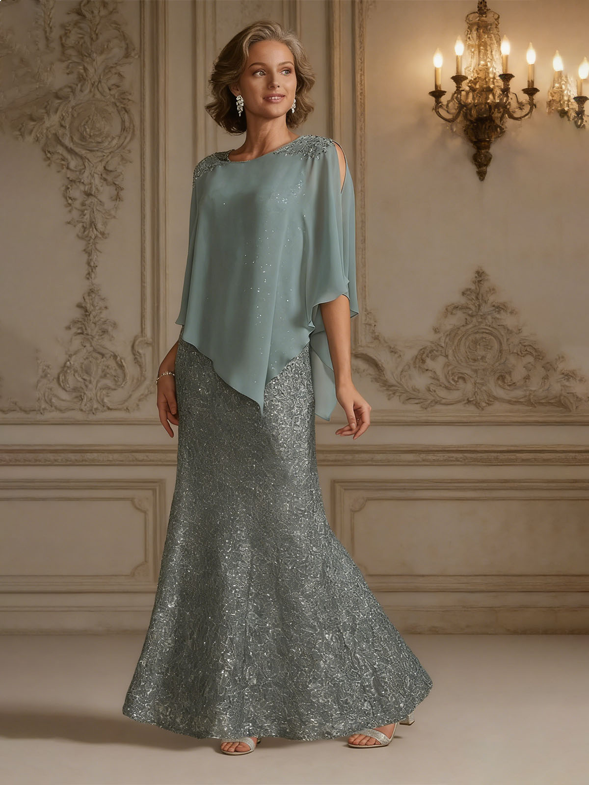 2 Pieces Cape Sleeves Appliques Mother of the Bride Dresses