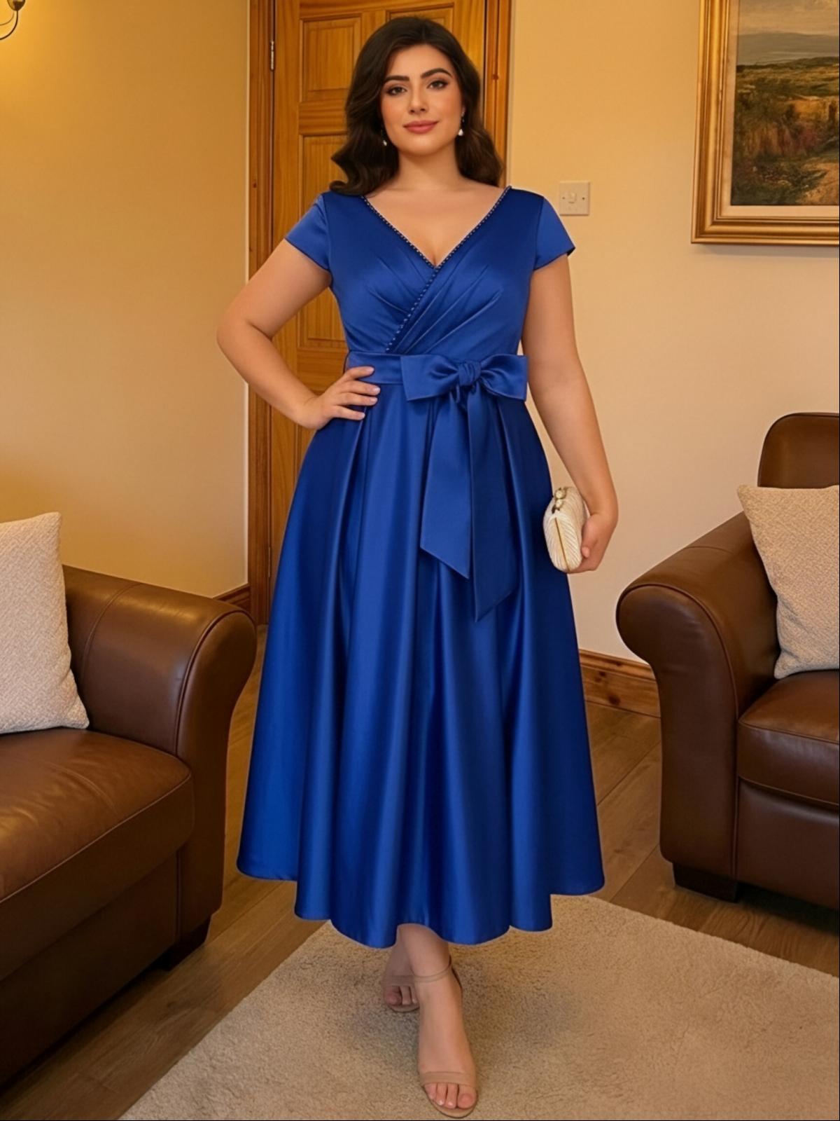 V Neck Short Sleeves A Line Satin Mother of the Bride Dresses