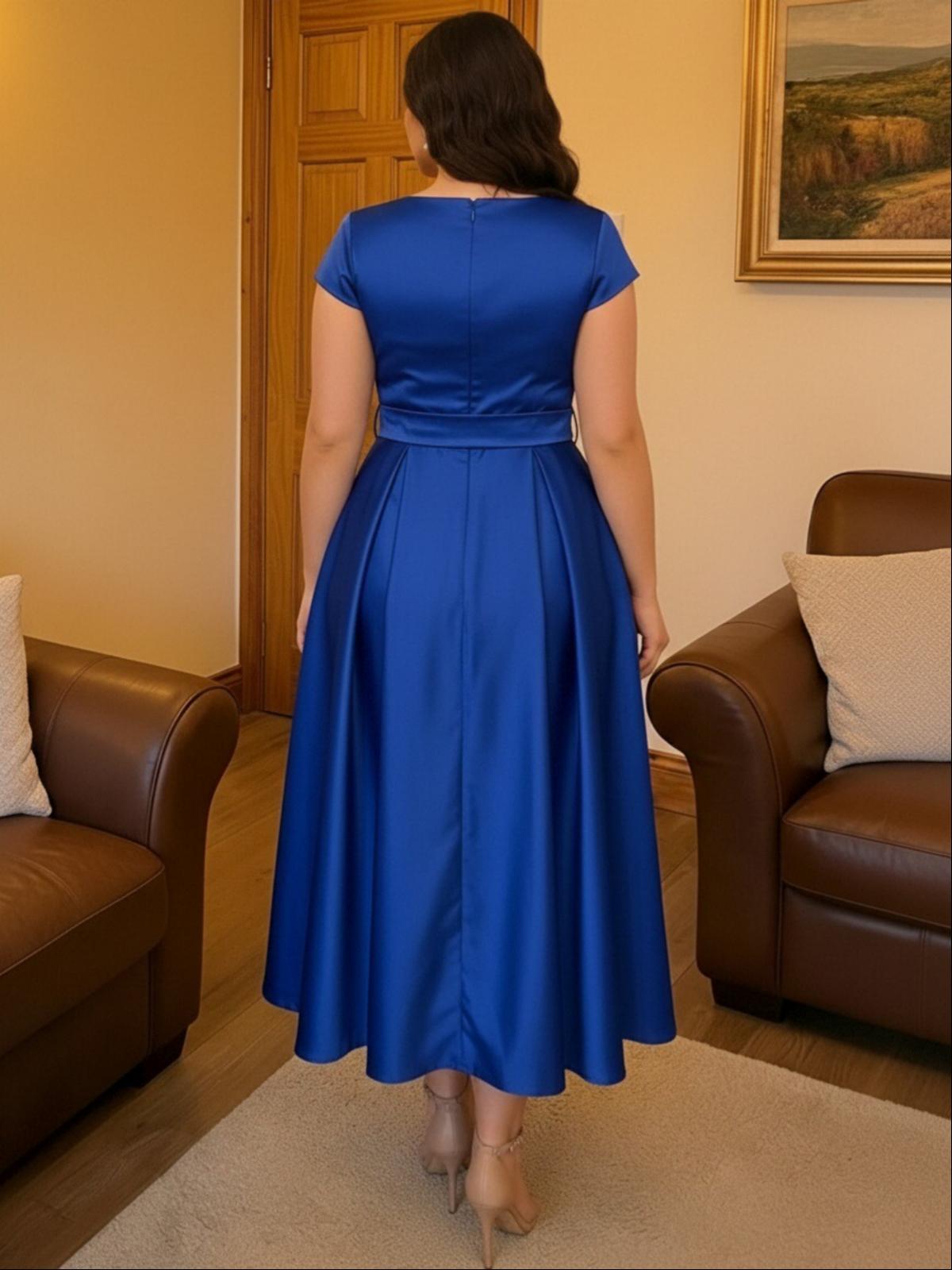 V Neck Short Sleeves A Line Satin Mother of the Bride Dresses