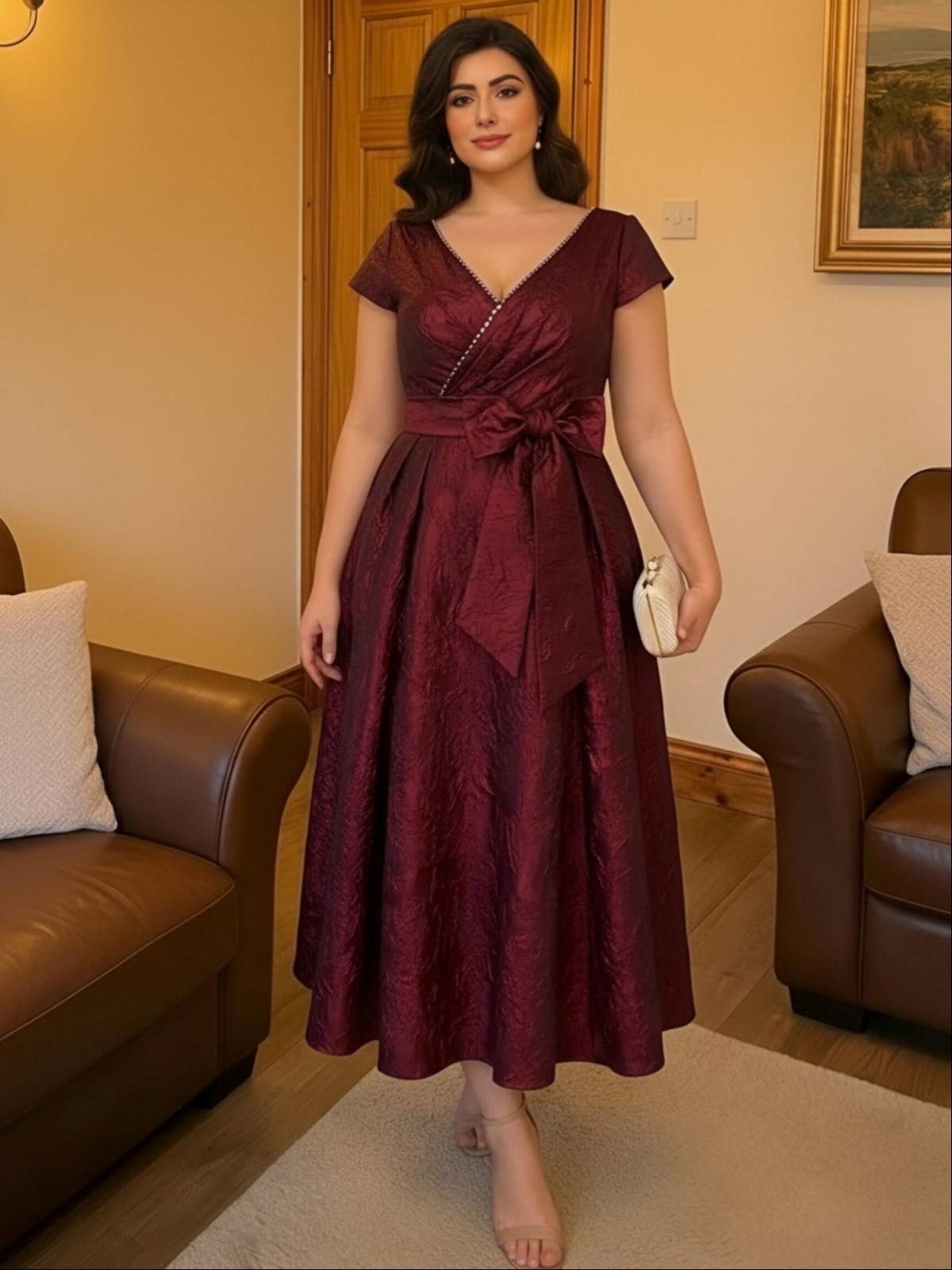 V Neck Short Sleeves A Line Mother of the Bride Dresses