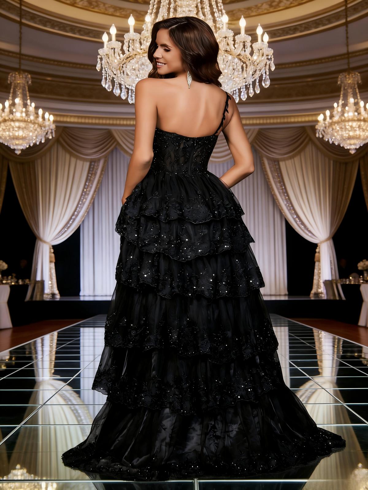 One Shoulder Appliques Lace Tiered Prom Dresses with Slit