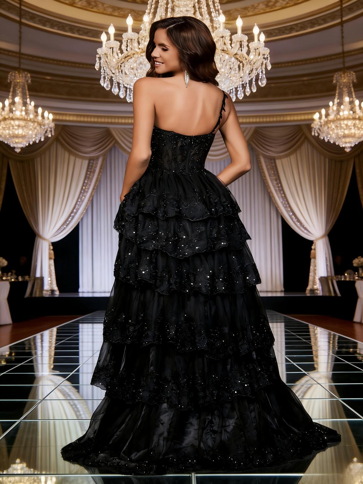 One Shoulder Appliques Lace Tiered Prom Dresses with Slit