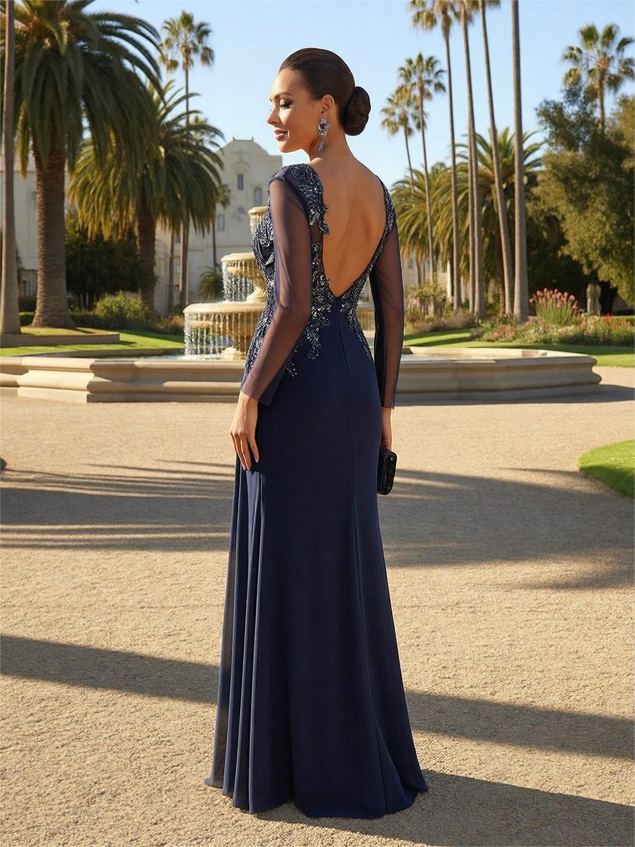 Long Sleeves Appliques Backless Mother of the Bride Dresses