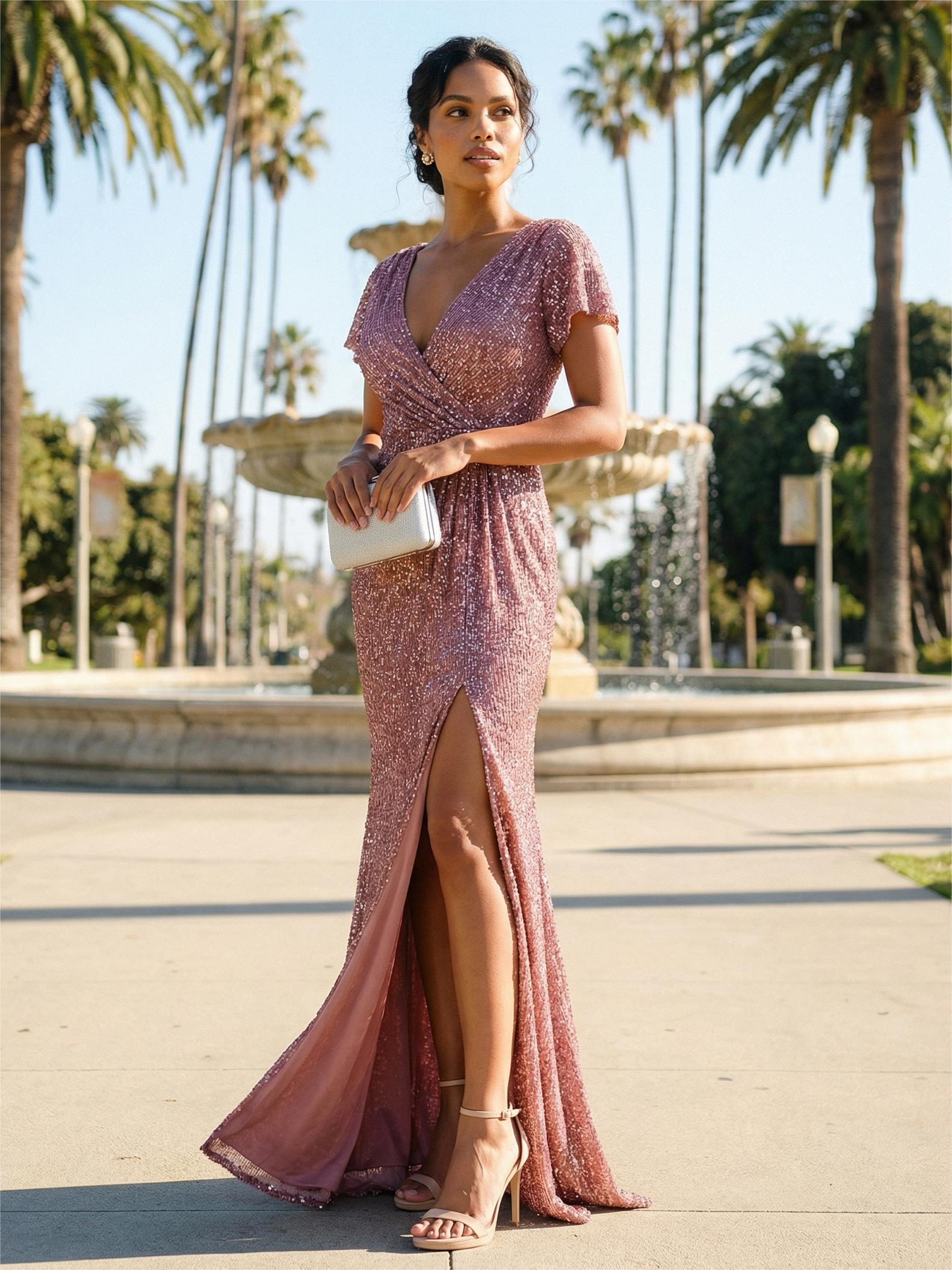 Glitter Sequin V Neck Mermaid Mother of the Bride Dresses