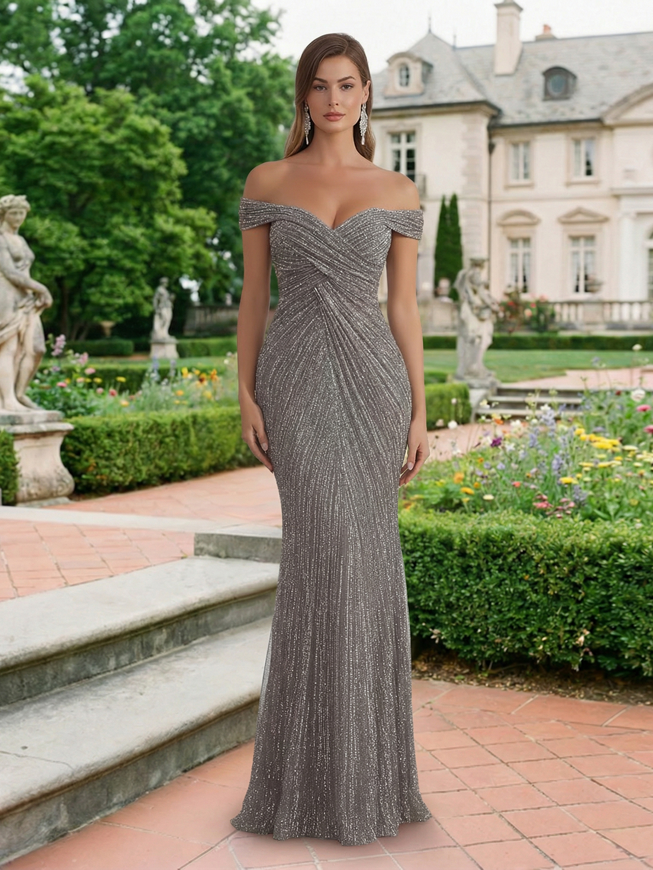 Off Shoulder Glitter Tulle Mother of the Bride Dresses