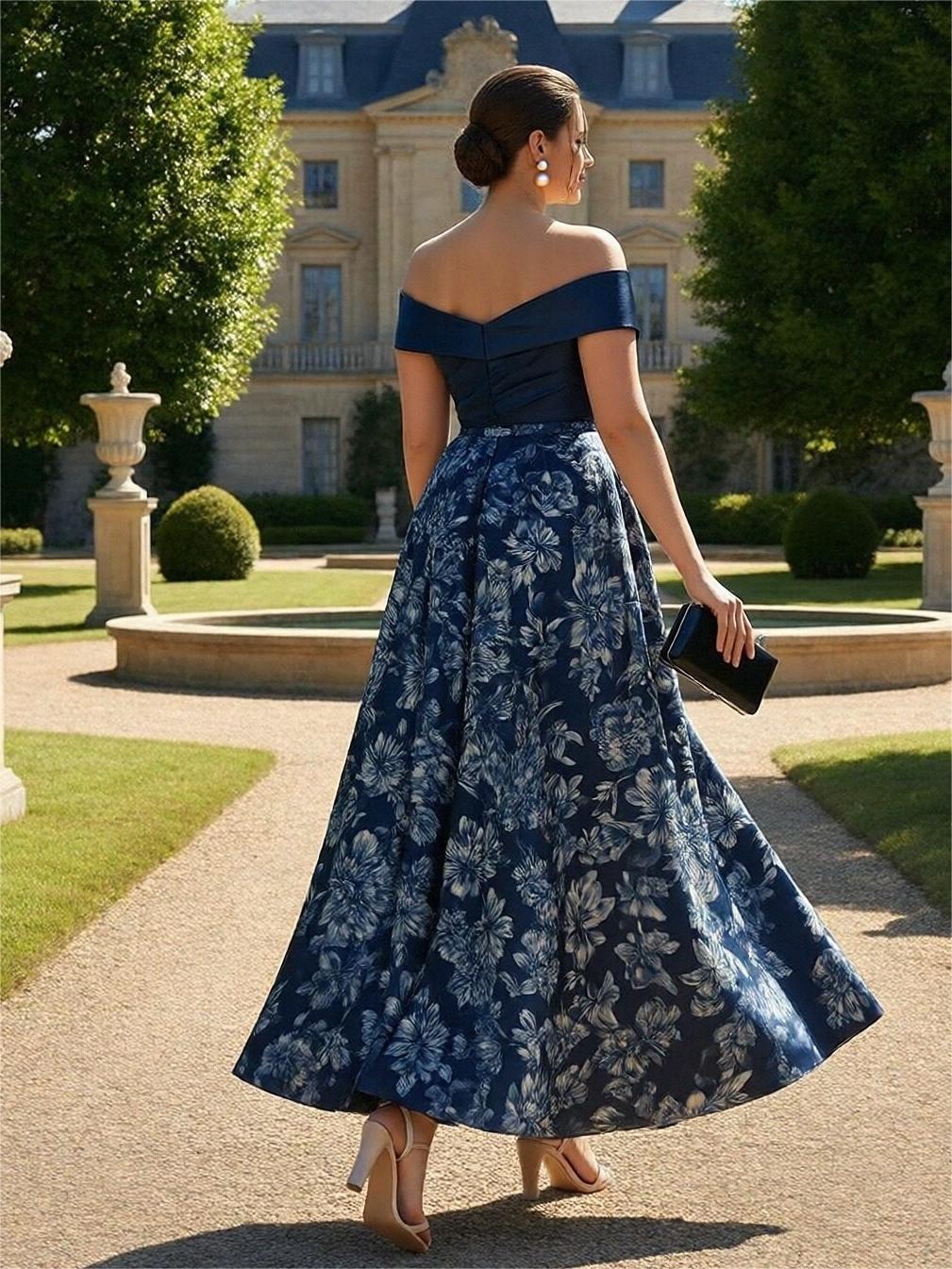 Off Shoulder Floral Satin Mother of the Bride Dresses