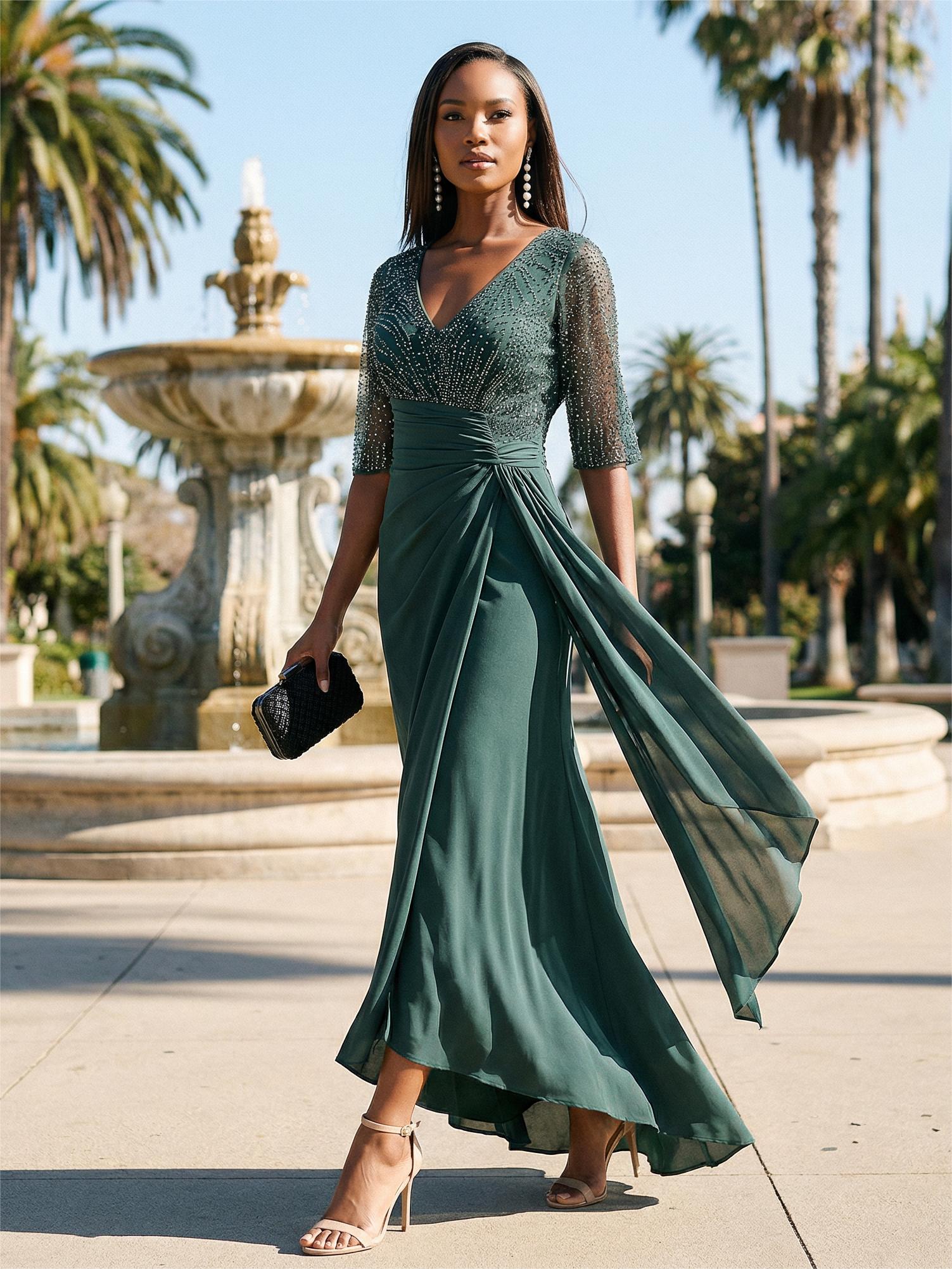 V Neck Chiffon Beadings Mother of the Bride Dresses