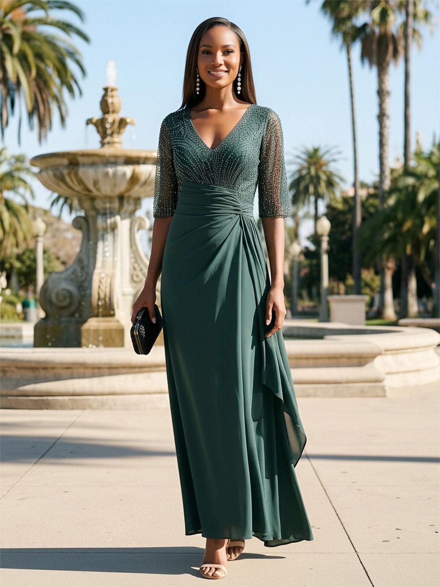 V Neck Chiffon Beadings Mother of the Bride Dresses