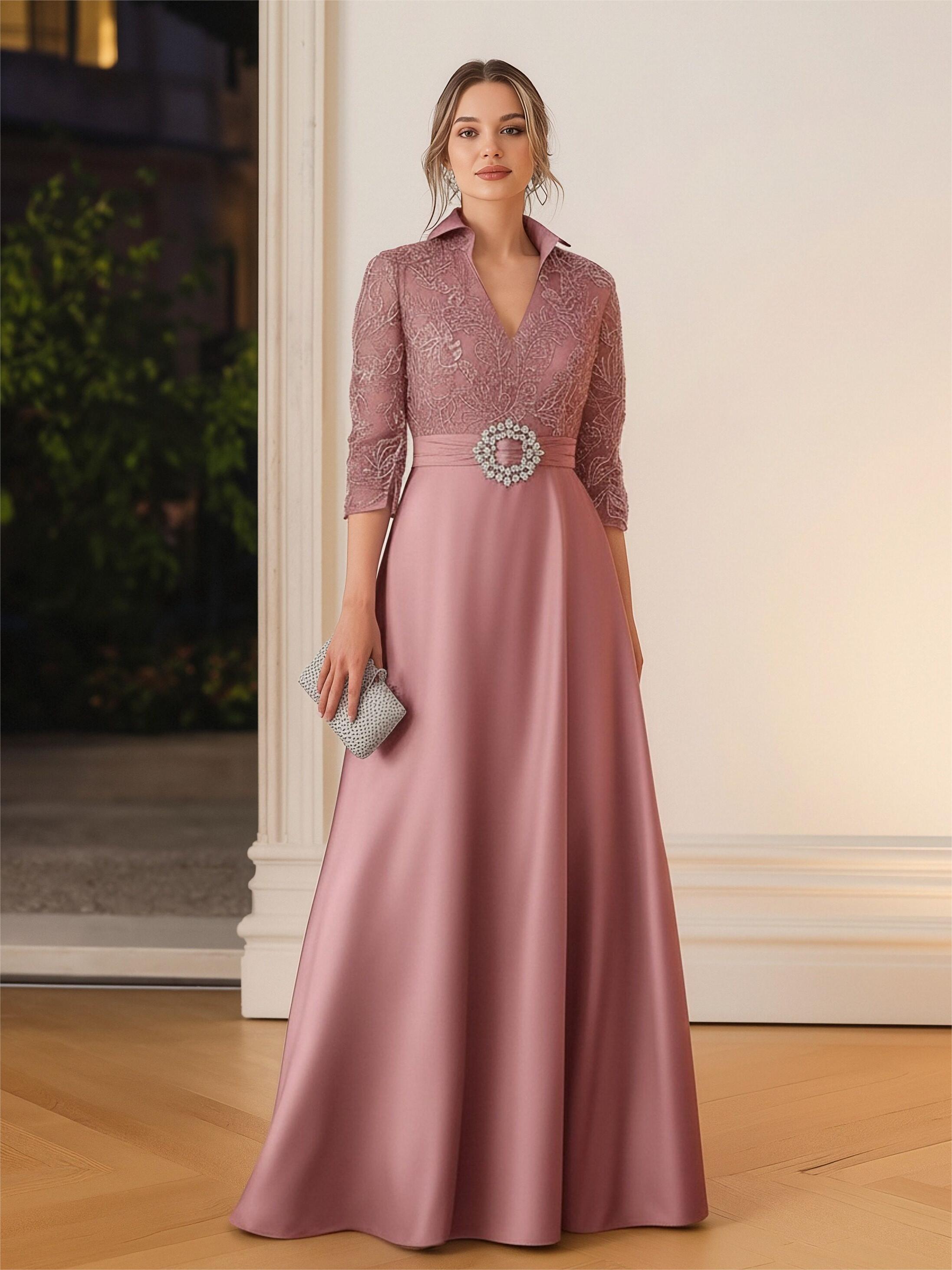 V Neck Satin Applique Mother of the Bride Dresses