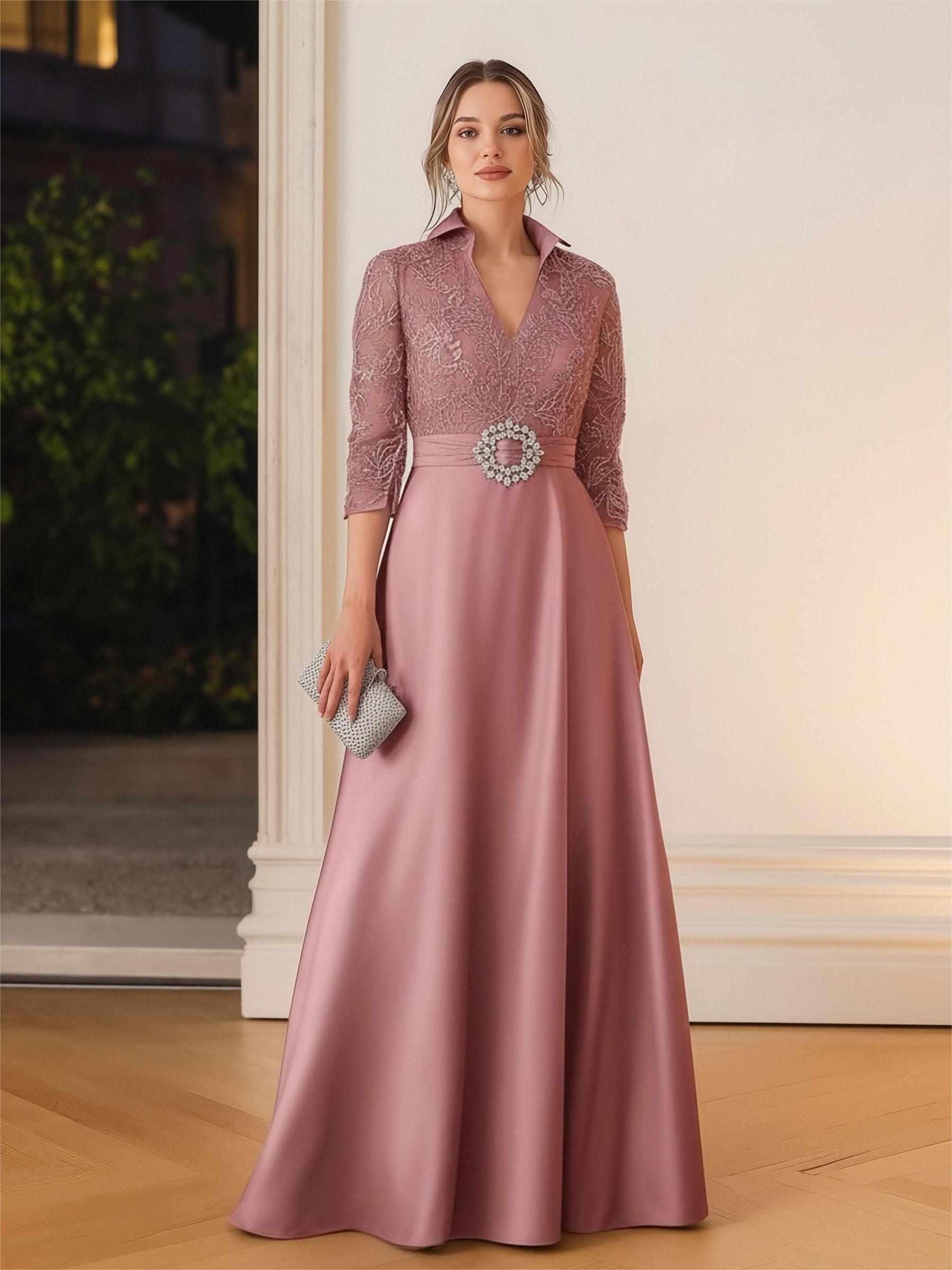 V Neck Satin Applique Mother of the Bride Dresses