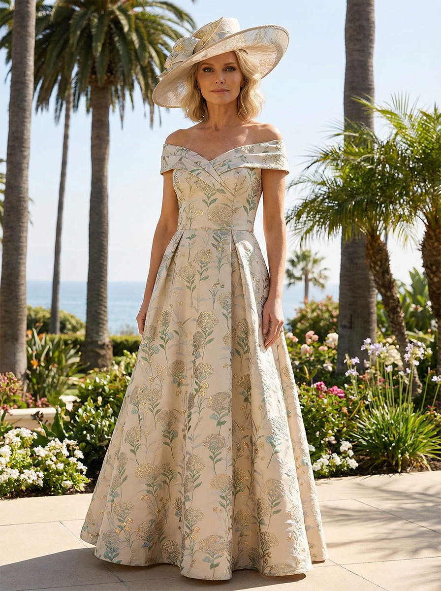 Off the Shoulder Sparkly Jacquard A Line Mother of the Bride Dresses