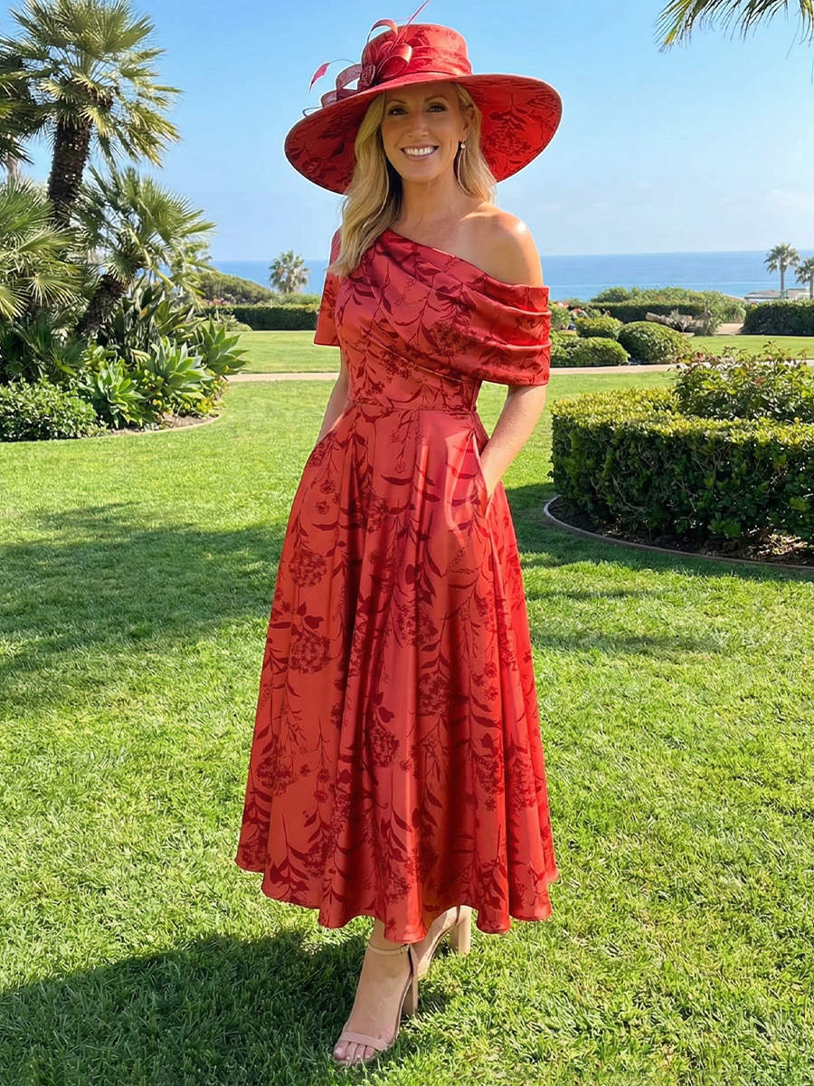 Off the Shoulder Satin A Line Mother of the Bride Dresses with Floral