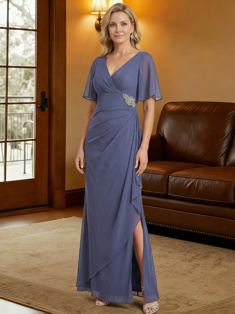 V Neck Chiffon Mother of the Bride Dresses with Slit