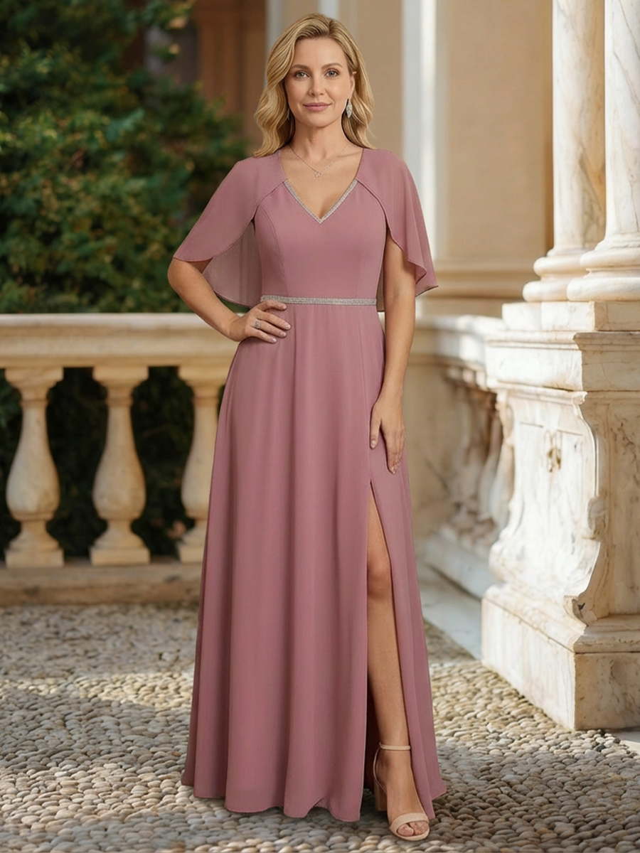 V Neck Chiffon Mother of the Bride Dresses with Slit