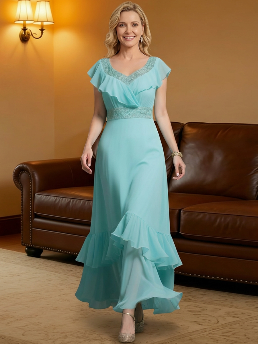 V Neck Chiffon Ruffles Mother of the Bride Dresses