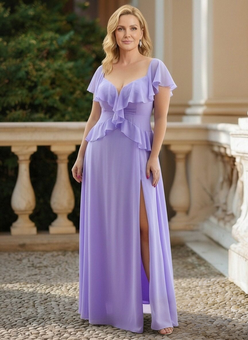 V Neck Chiffon Mother of the Bride Dresses with Slit