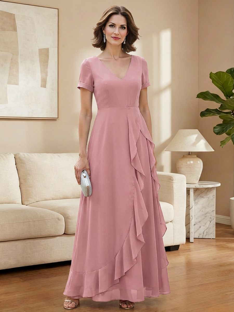V Neck Chiffon Ruffles Mother of the Bride Dresses
