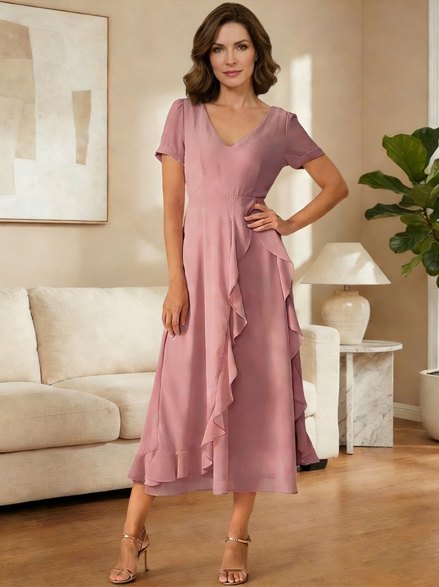 V Neck Chiffon Ruffles Mother of the Bride Dresses