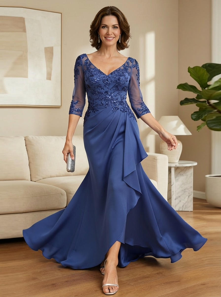 V Neck Chiffon Applique Mother of the Bride Dresses