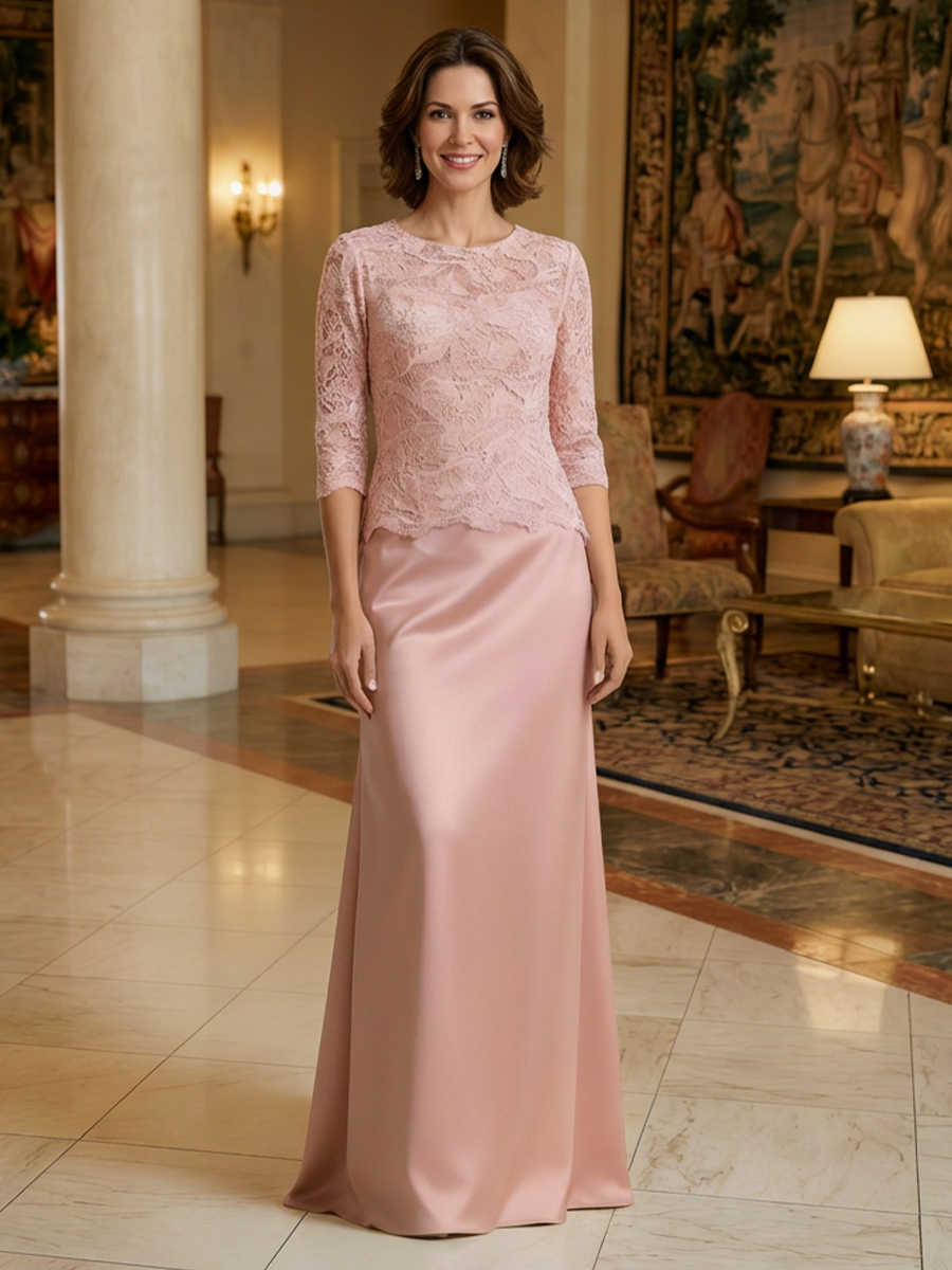 Scoop Neck Lace Satin Mother of the Bride Dresses