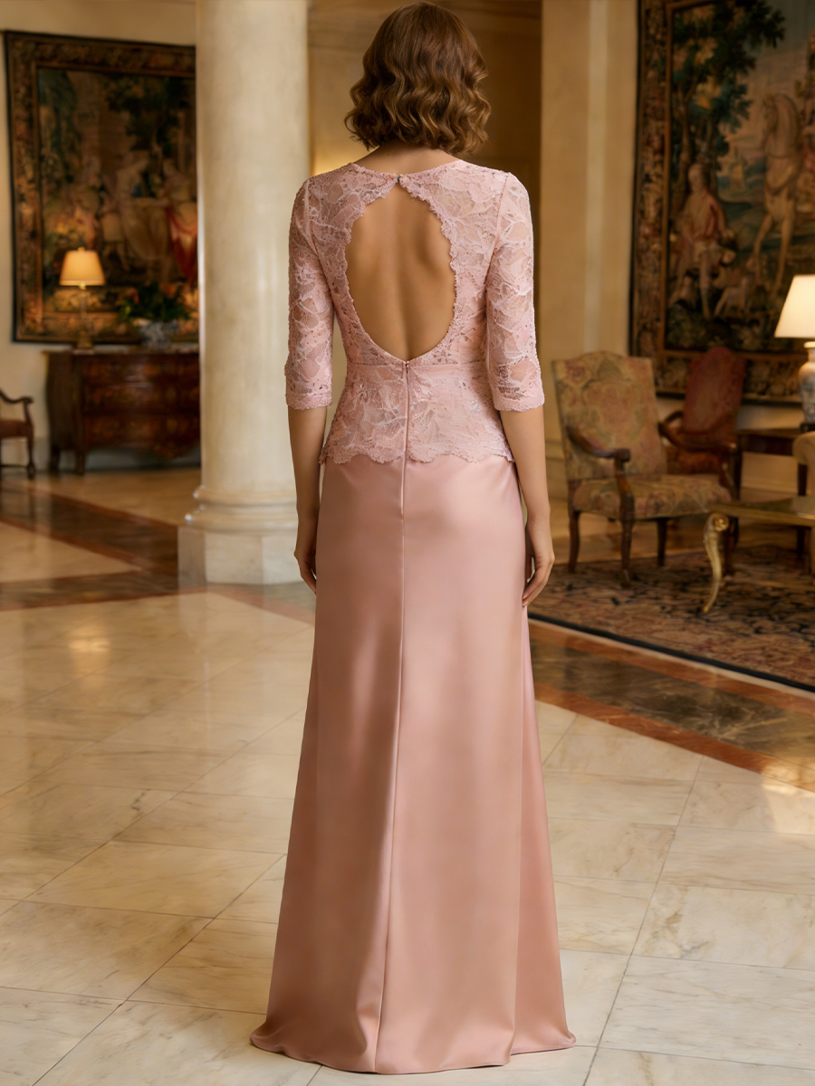 Scoop Neck Lace Satin Mother of the Bride Dresses