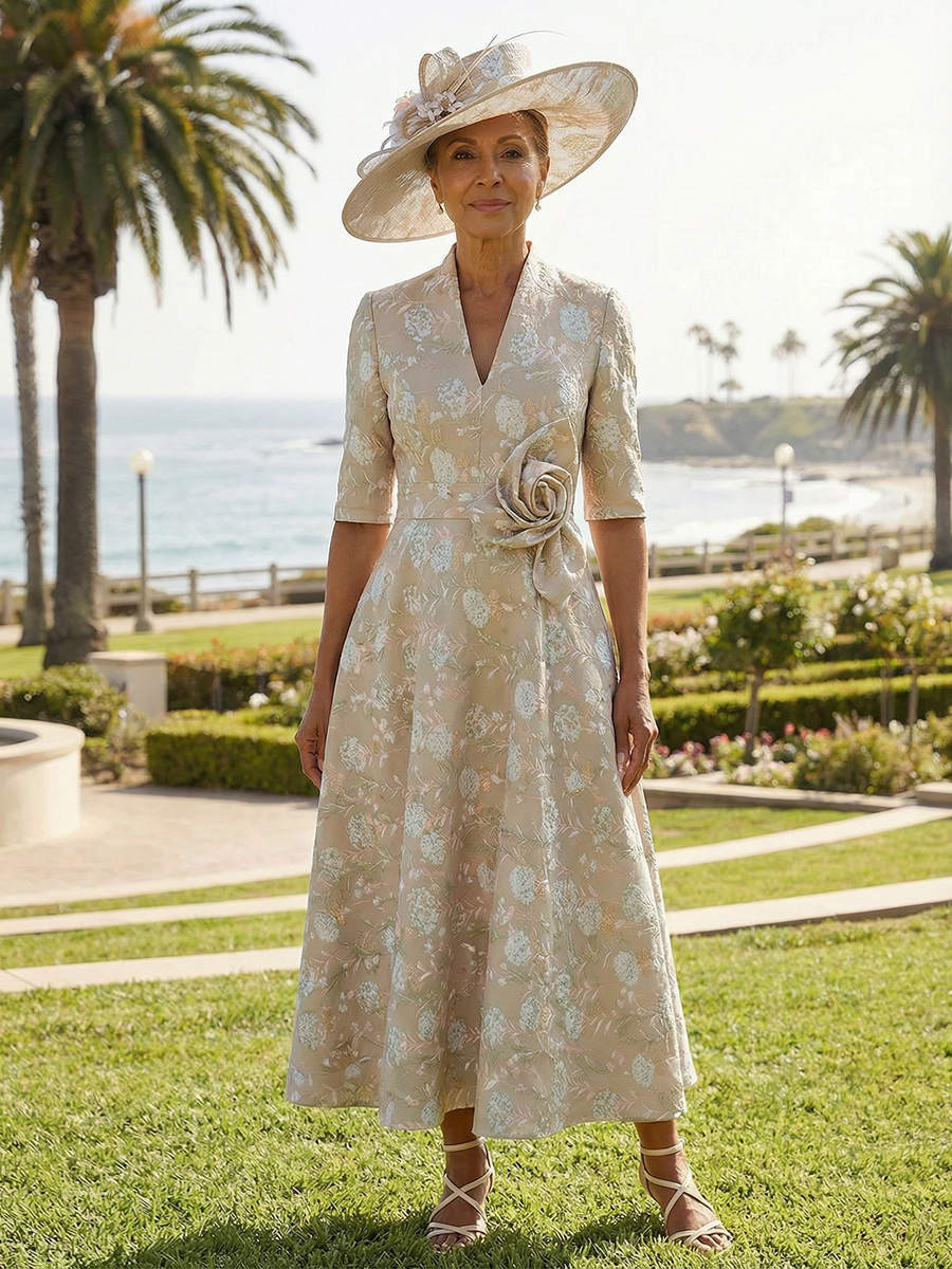 V Neck Jacquard A Line 3D Flower Mother of the Bride Dresses with Sleeves