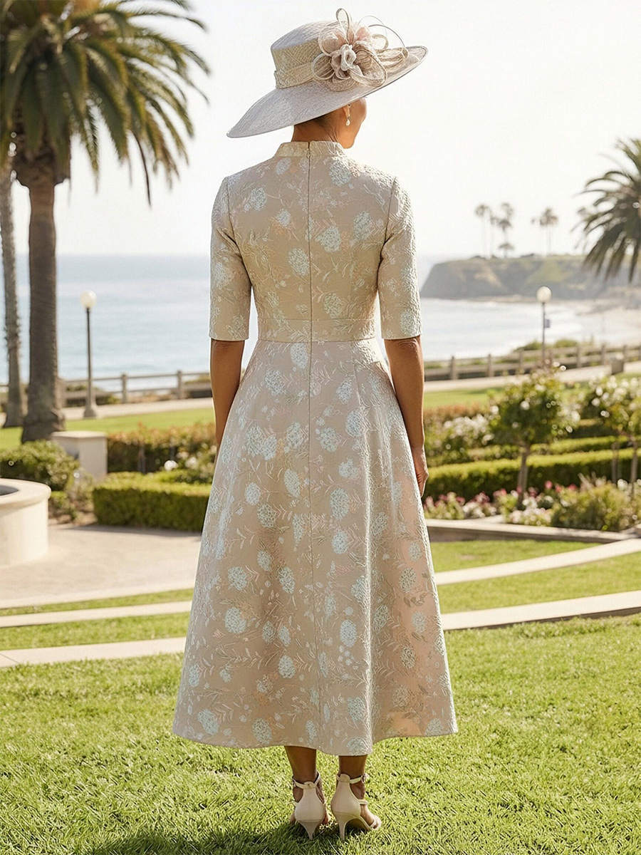 V Neck Jacquard A Line 3D Flower Mother of the Bride Dresses with Sleeves